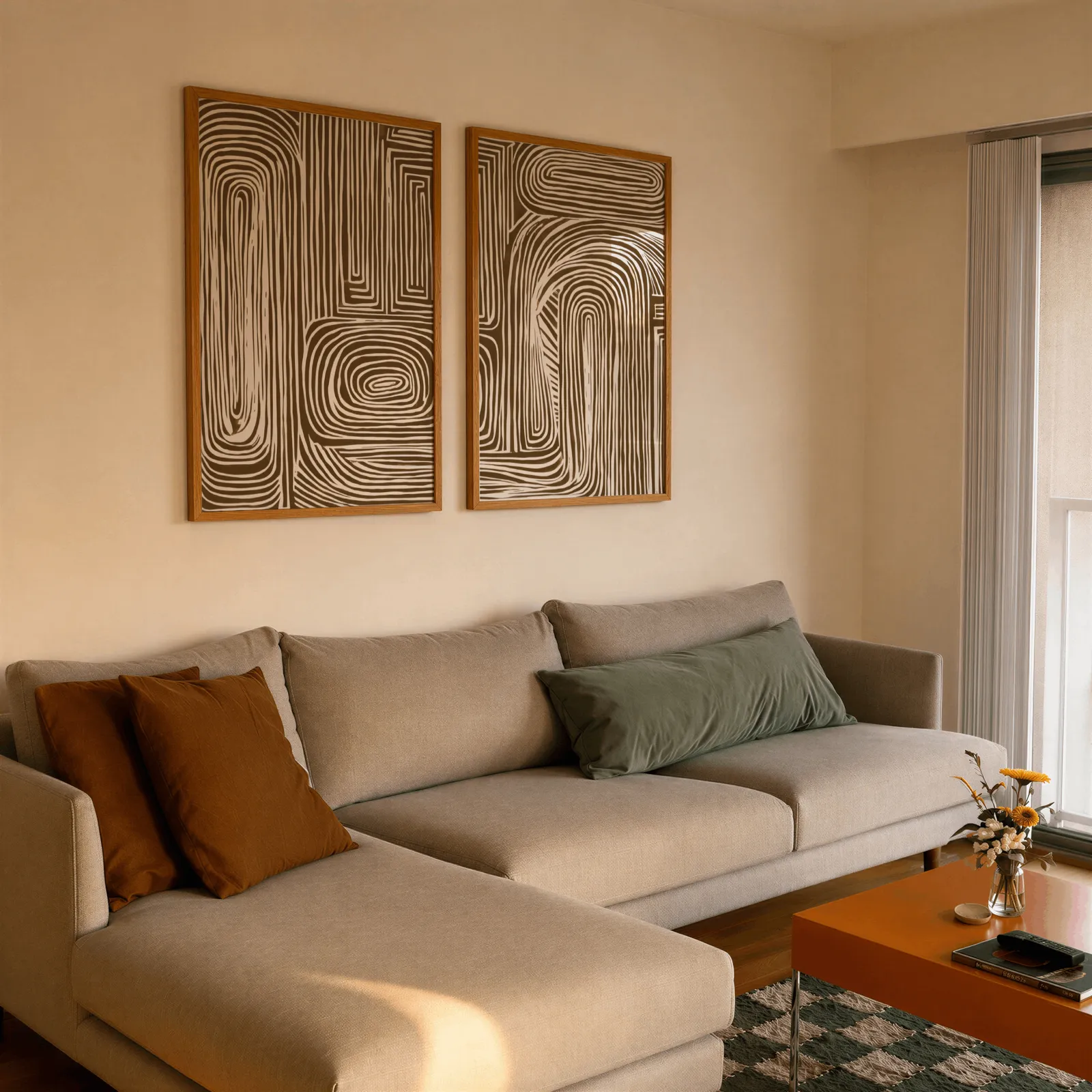 brown abstract line art set of two, side by side above a beige sectional sofa