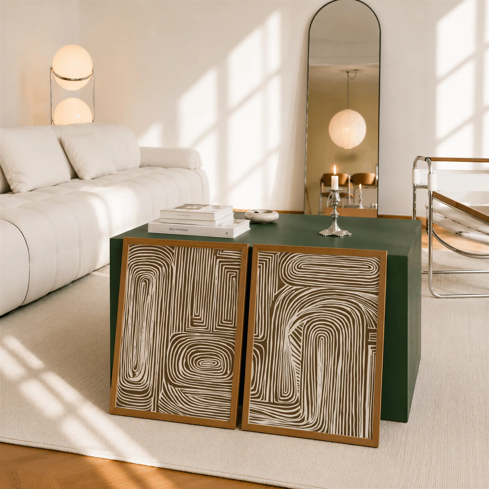 brown abstract line art set of two, leaning against a dark green cube table beside an arched mirror