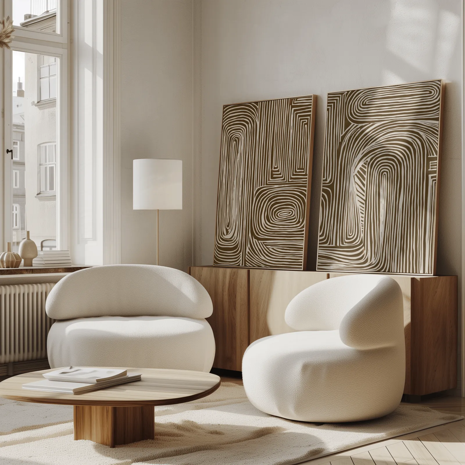 brown abstract line art set of two, propped against a wooden sideboard beside boucle armchairs