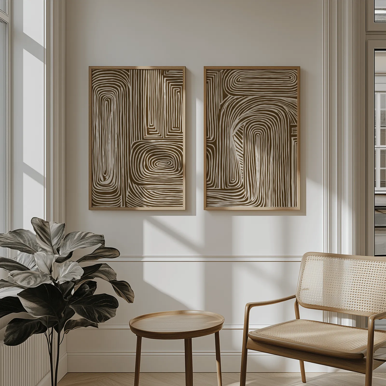 brown abstract line art set of two, above wainscoting beside a cane armchair and fiddle-leaf fig