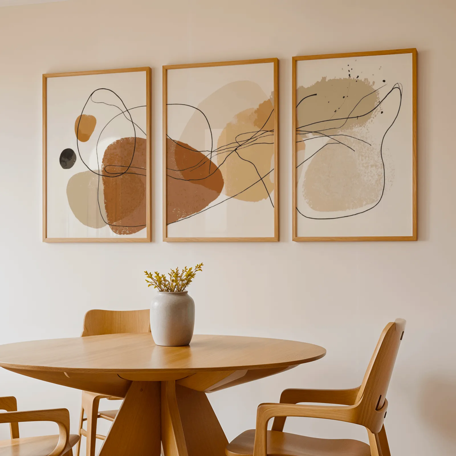 terracotta abstract minimalist wall art set of three, above a round wooden table with a stoneware vase