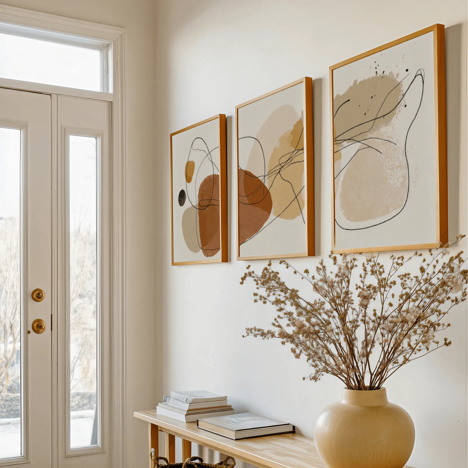 terracotta abstract minimalist wall art set of three, above a console table with a yellow vase of dried branches
