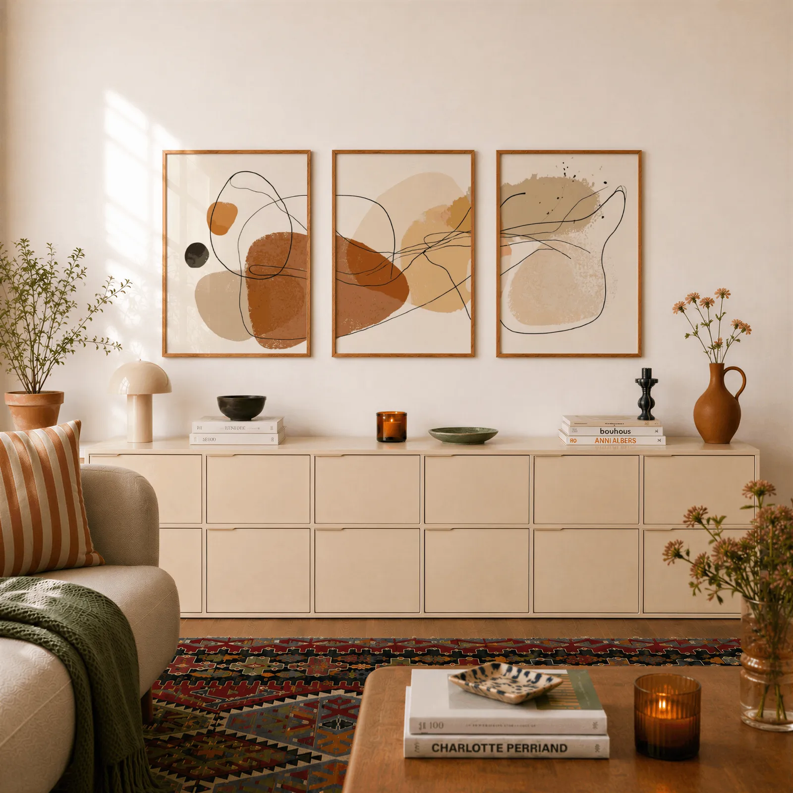 terracotta abstract minimalist wall art set of three, above a long cream sideboard topped with books and a terracotta jug