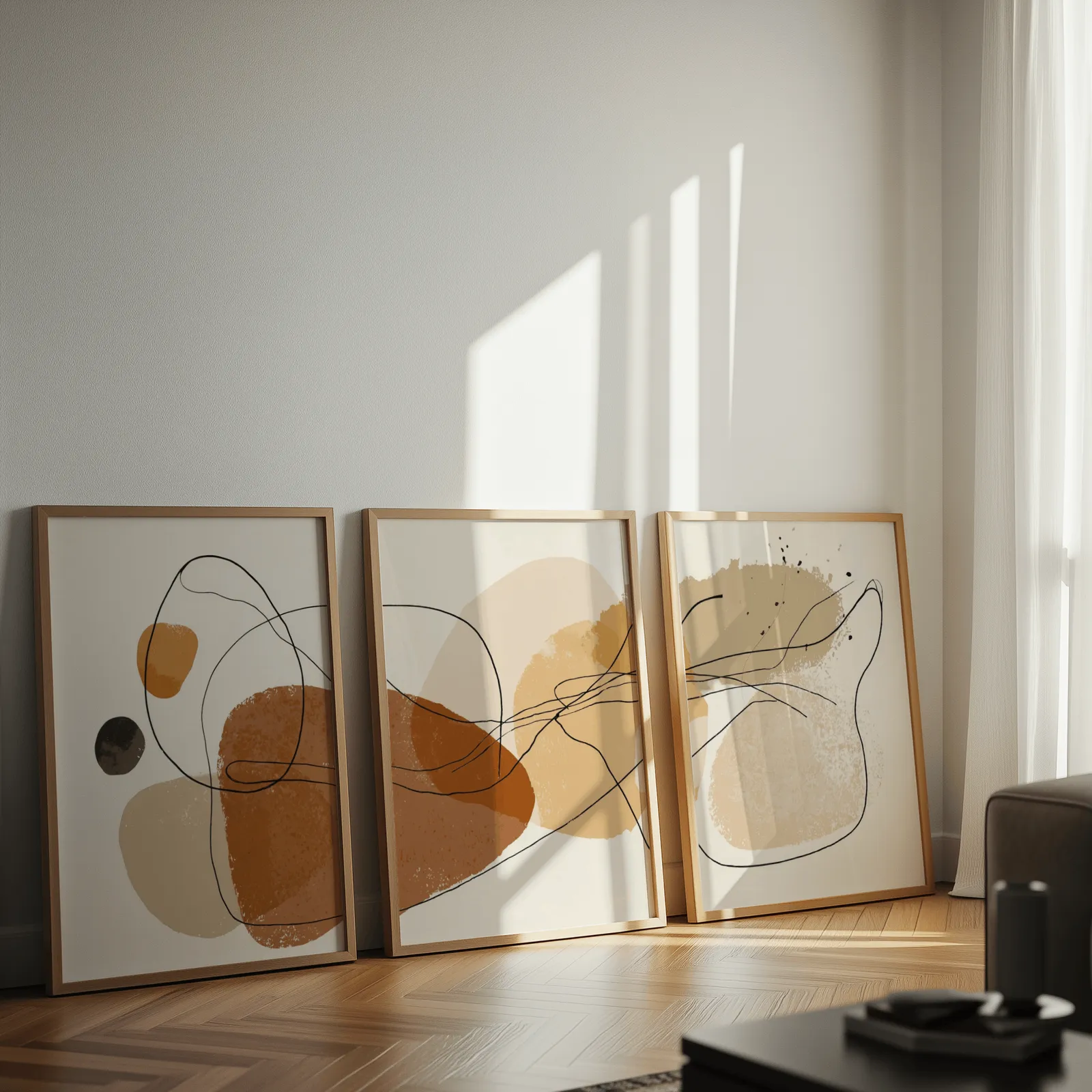 terracotta abstract minimalist wall art set of three, leaning against a sunlit wall on herringbone flooring