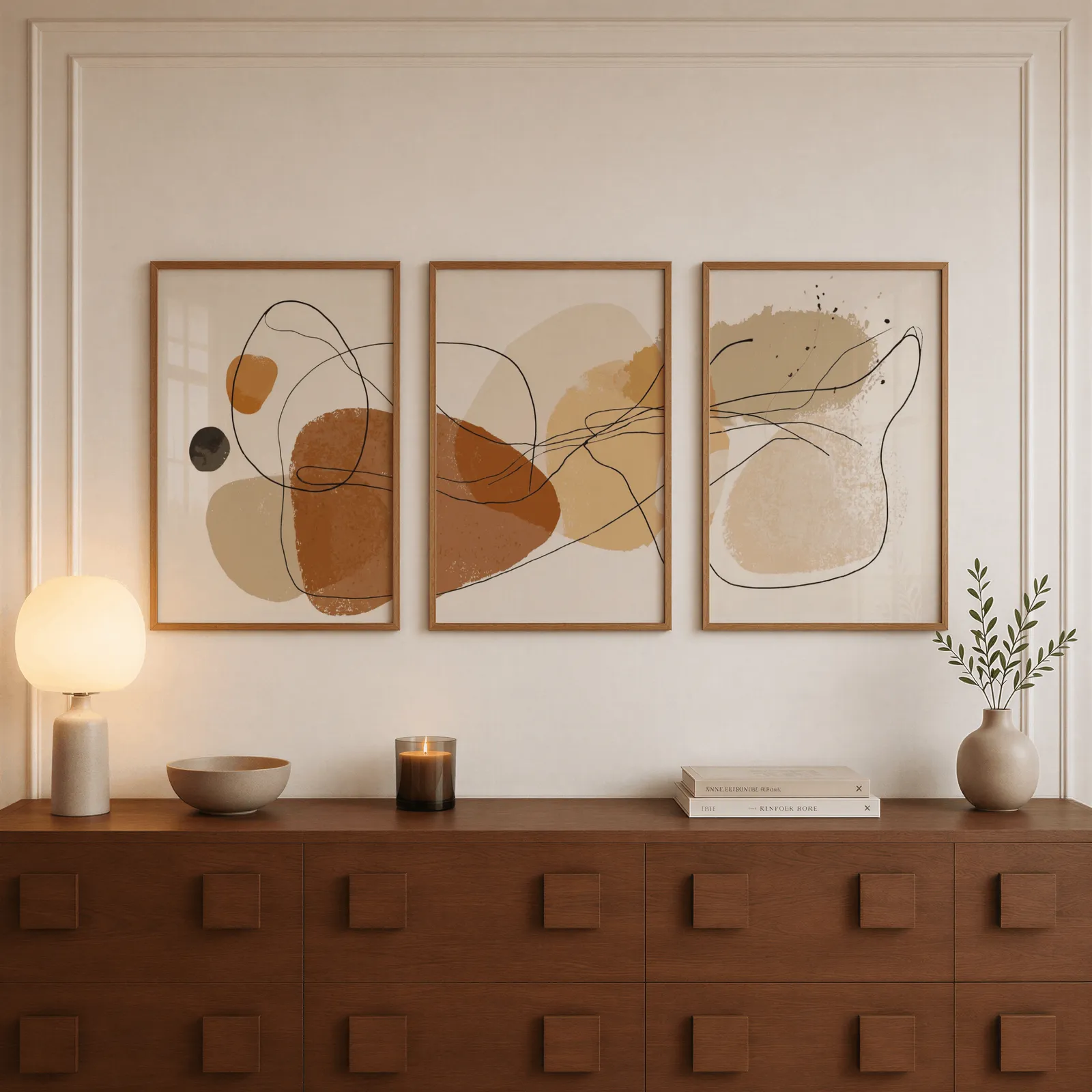 terracotta abstract minimalist wall art set of three, above a walnut sideboard with a lit candle and glowing lamp