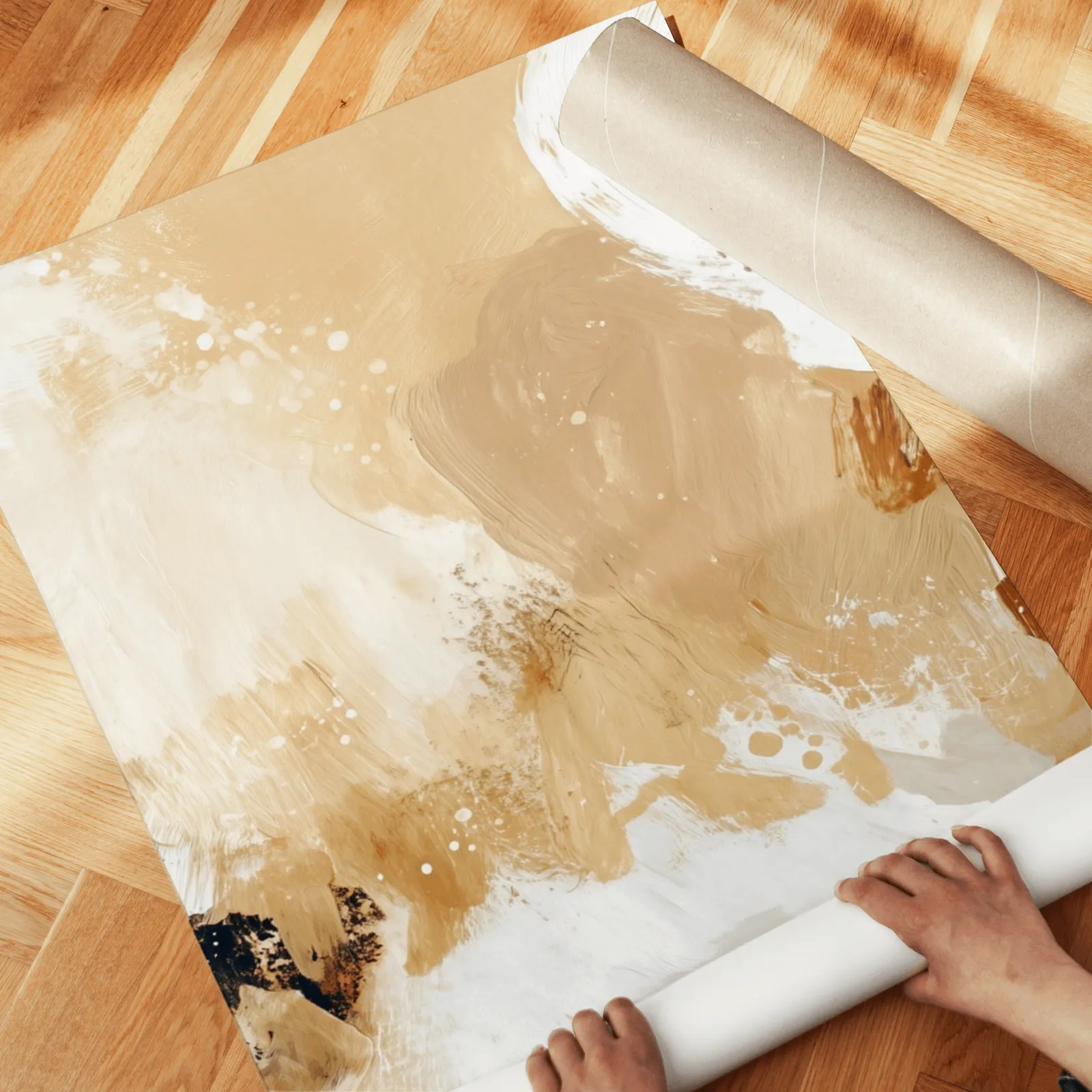 terracotta abstract three piece wall art, unrolled across a herringbone wood floor by hand