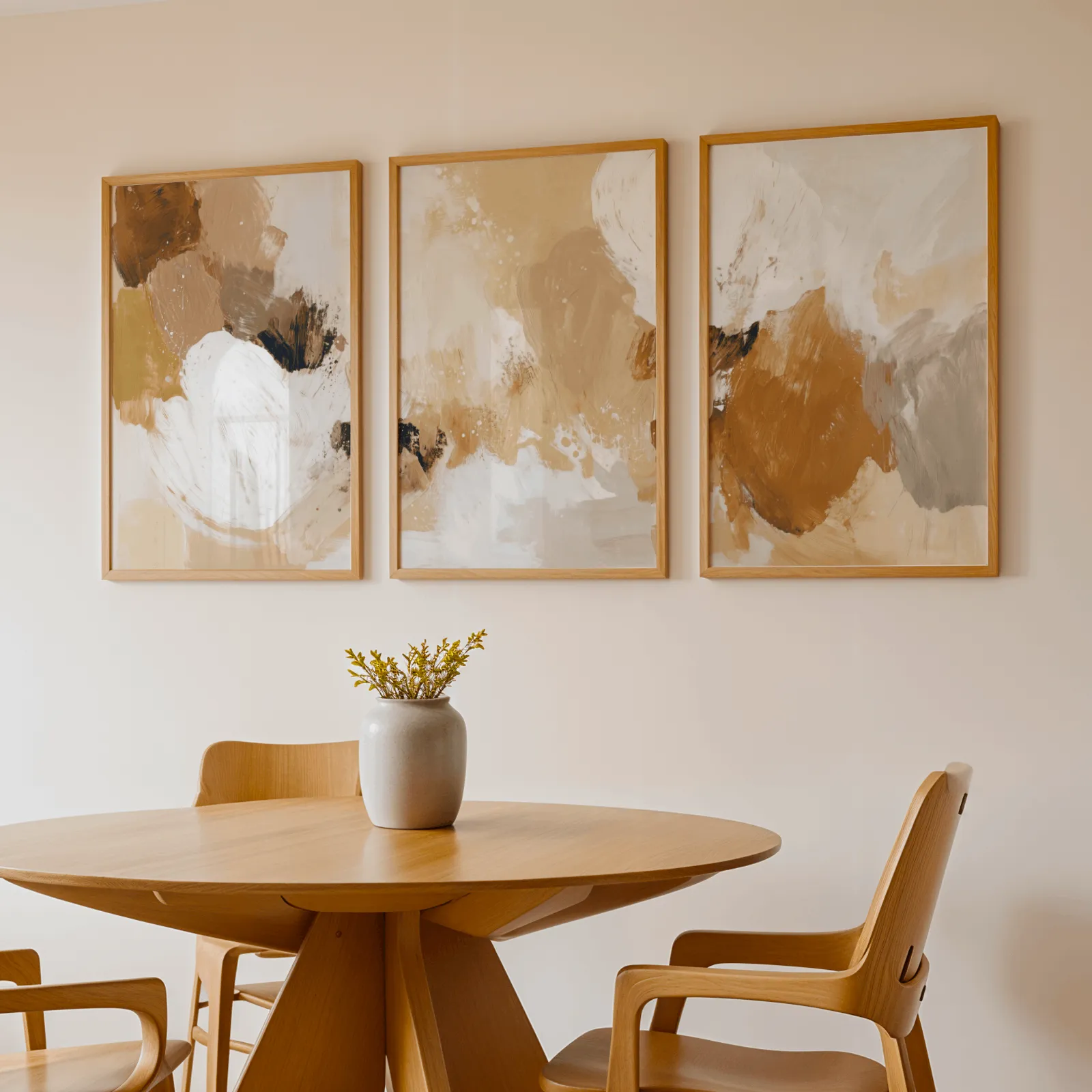 terracotta abstract three piece wall art, above a round wooden table with a stoneware vase