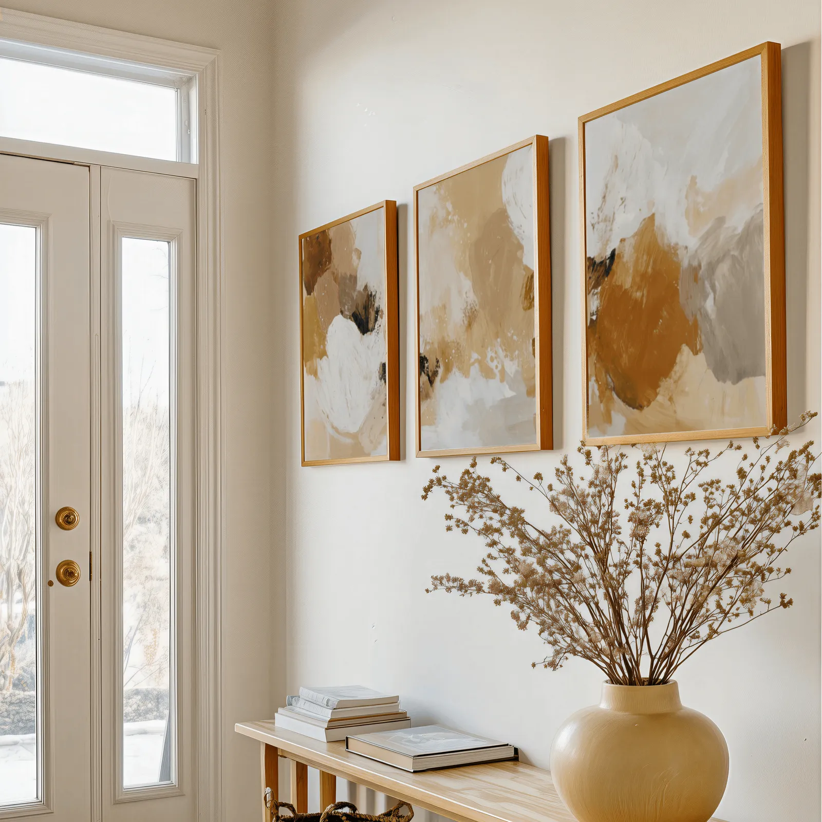 terracotta abstract three piece wall art, above a console table with a yellow vase of dried branches