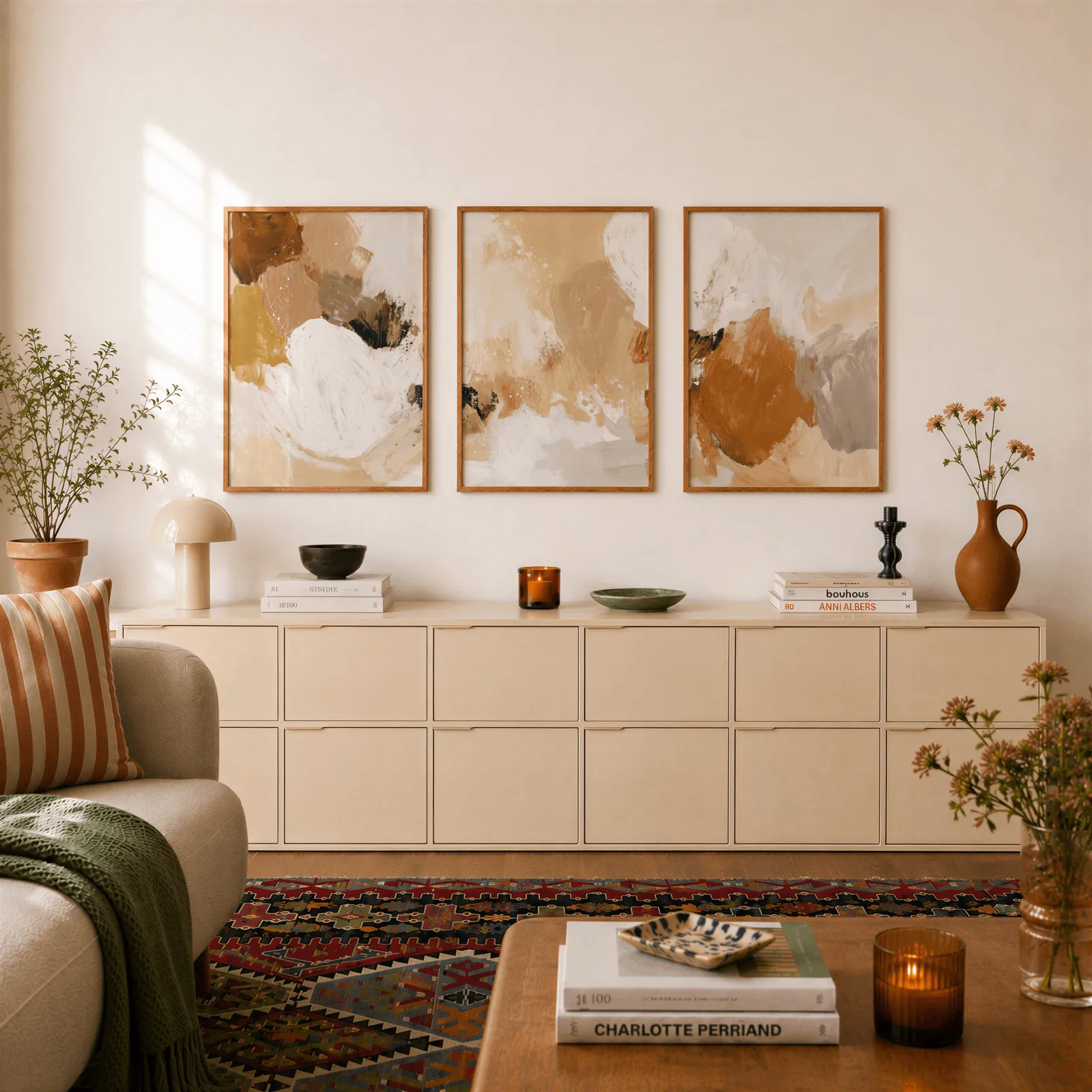 terracotta abstract three piece wall art, above a long cream sideboard topped with books and a terracotta jug