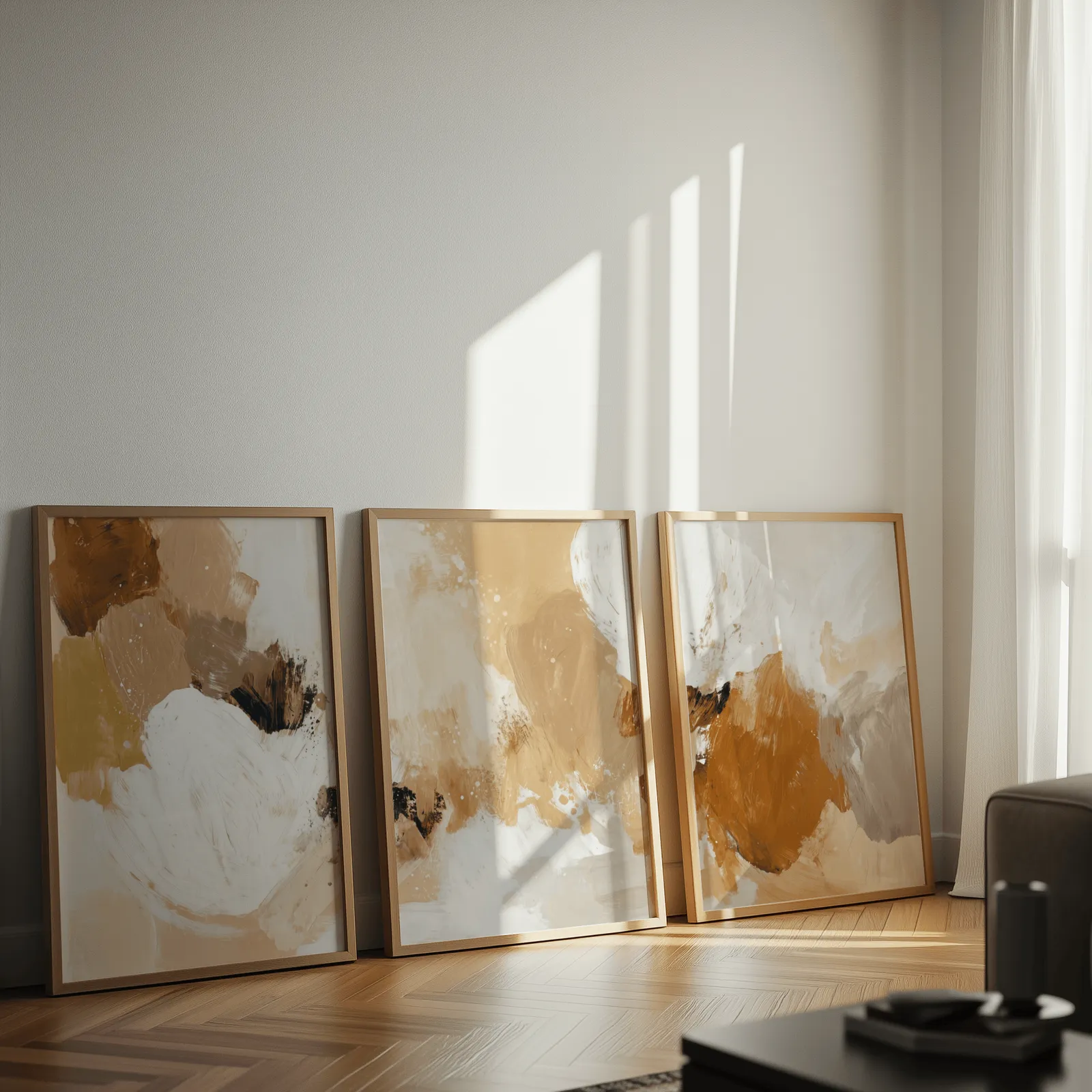terracotta abstract three piece wall art, leaning against a sunlit wall on herringbone flooring