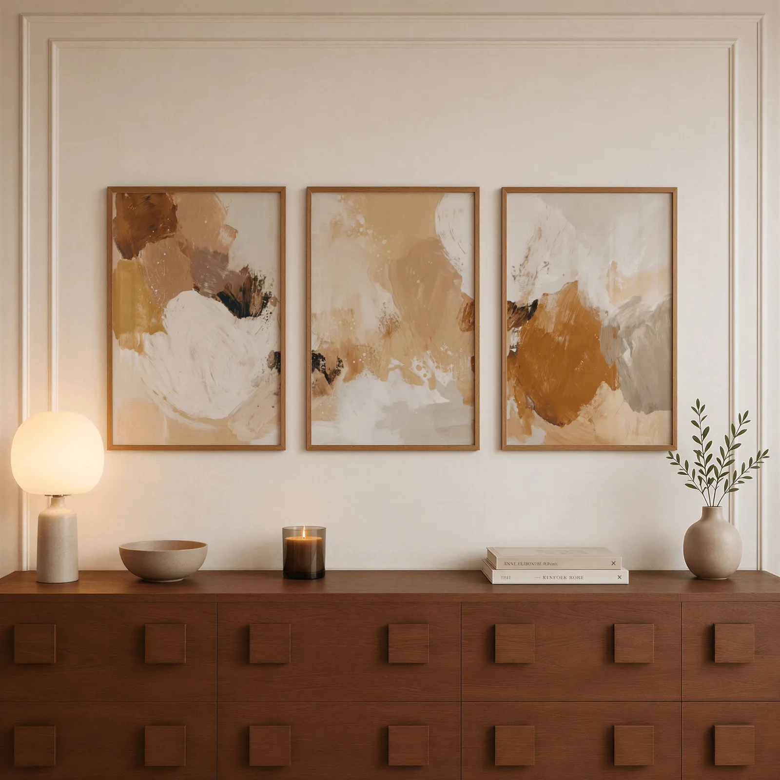 terracotta abstract three piece wall art, above a walnut sideboard with a lit candle and glowing lamp