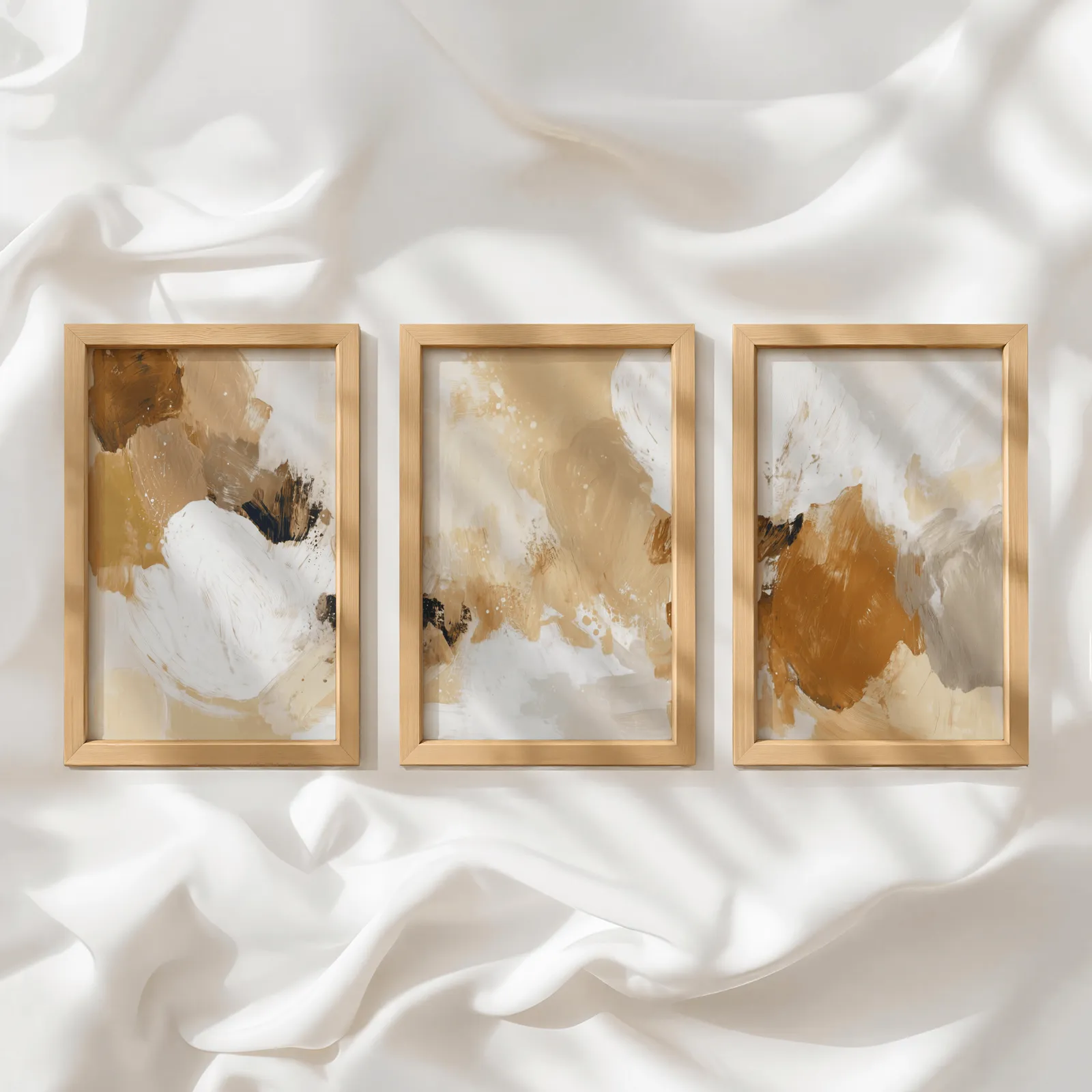 terracotta abstract three piece wall art, in a row atop rumpled white silky fabric