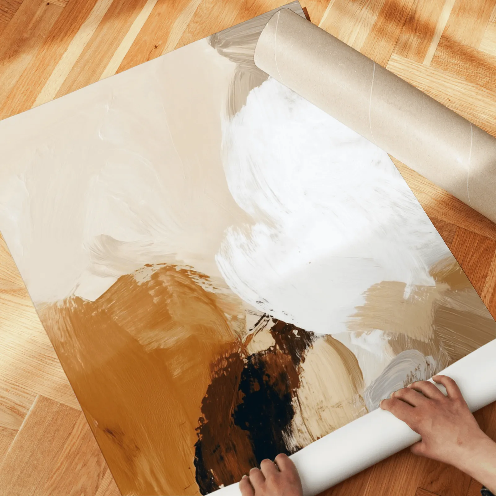 beige abstract triptych wall art set of 3, unrolled across a herringbone wood floor by hand