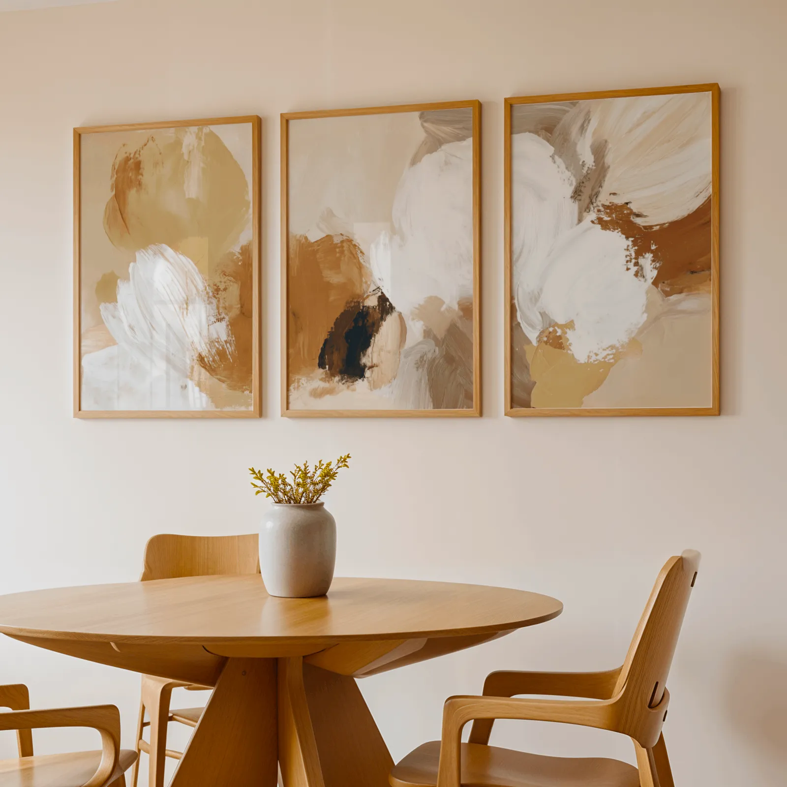 beige abstract triptych wall art set of 3, above a round wooden table with a stoneware vase