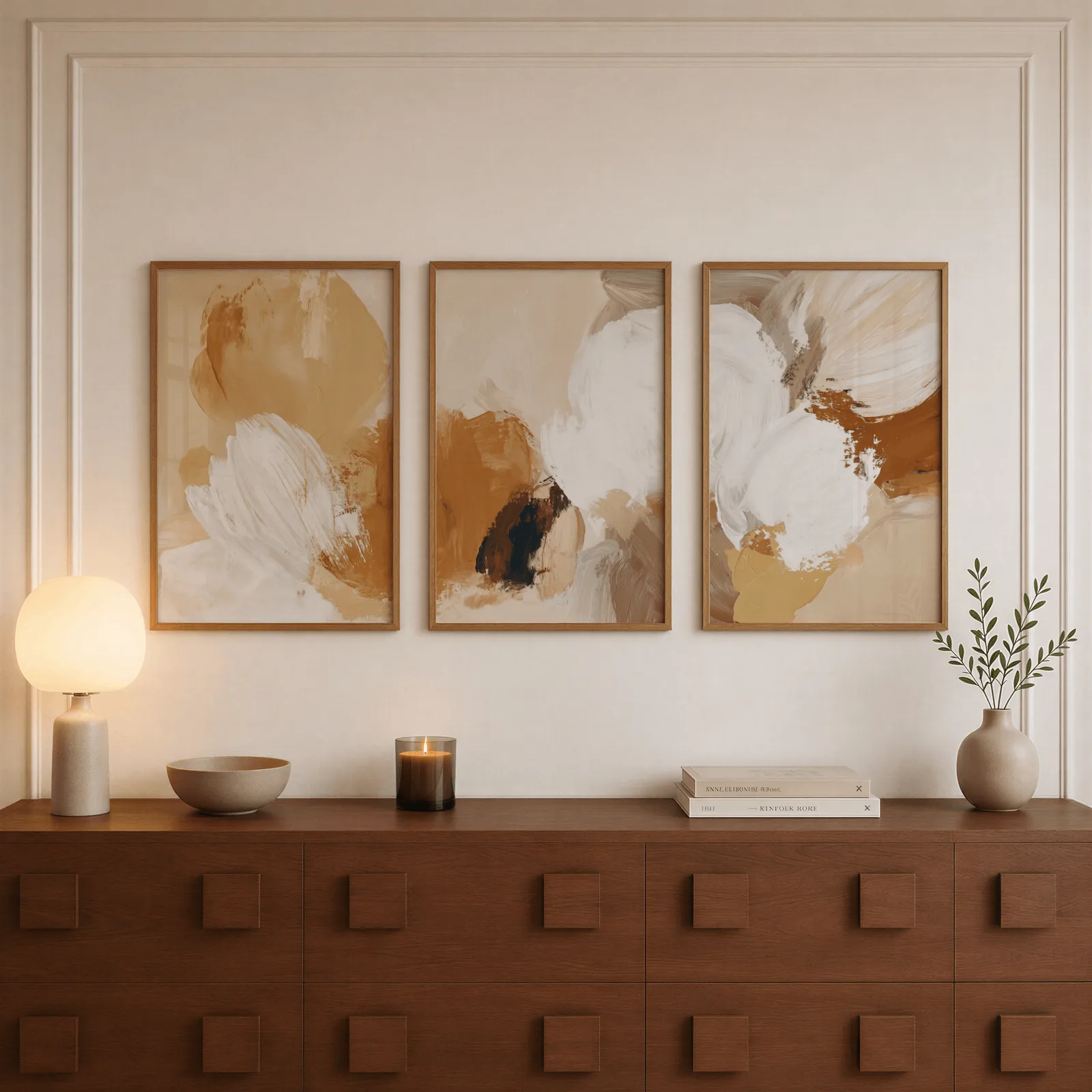 beige abstract triptych wall art set of 3, above a walnut sideboard with a lit candle and glowing lamp