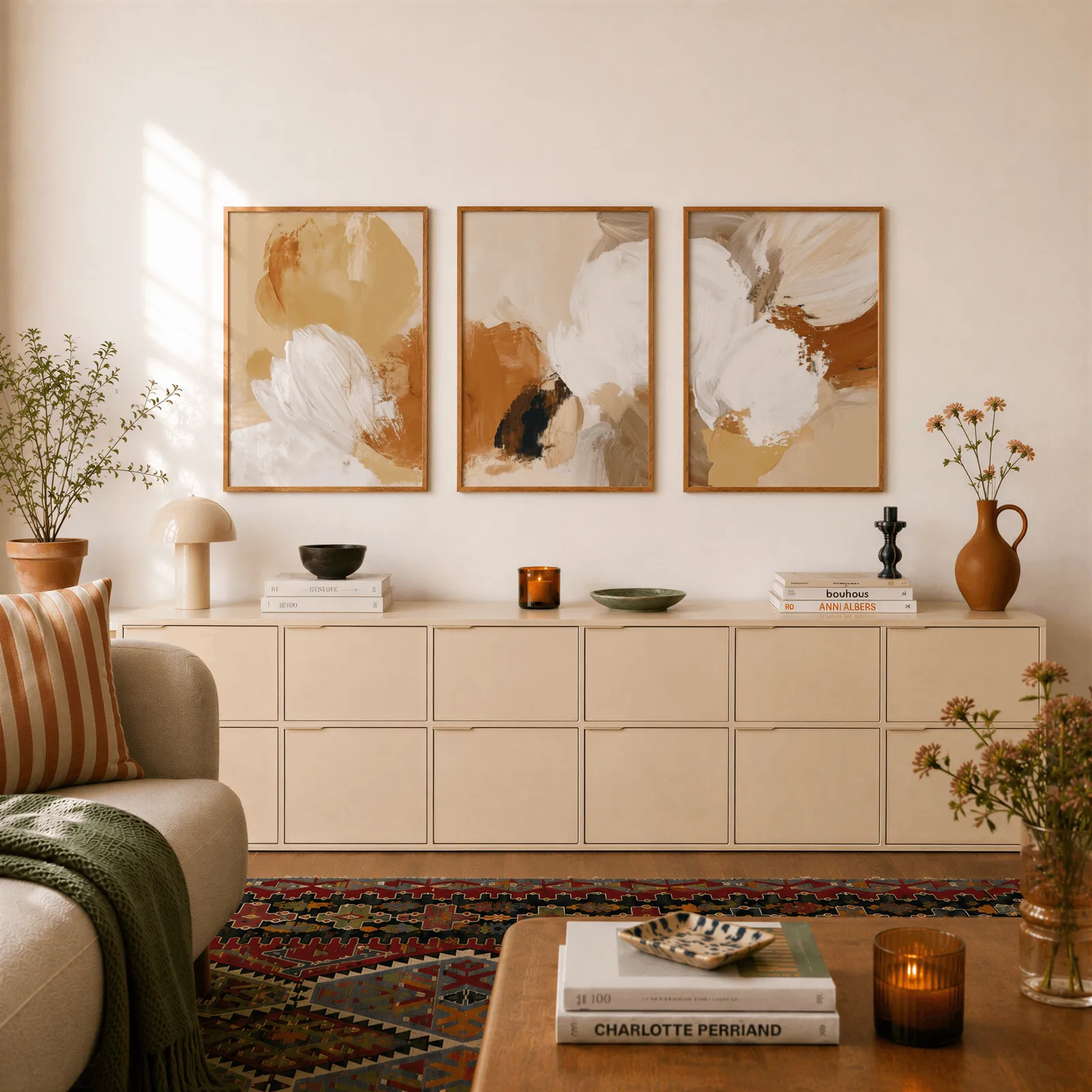 beige abstract triptych wall art set of 3, above a long cream sideboard topped with books and a terracotta jug