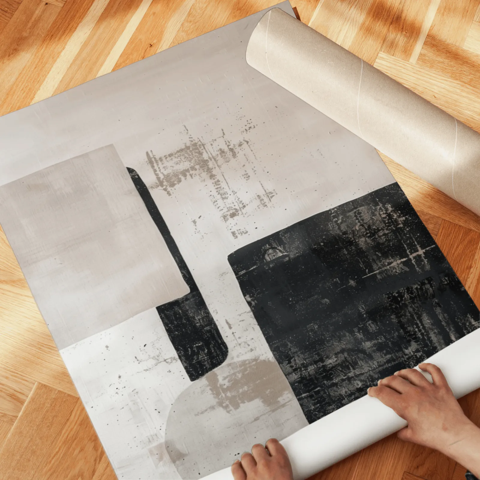beige and black abstract wall art set of 2, unrolled across a herringbone parquet floor by hand