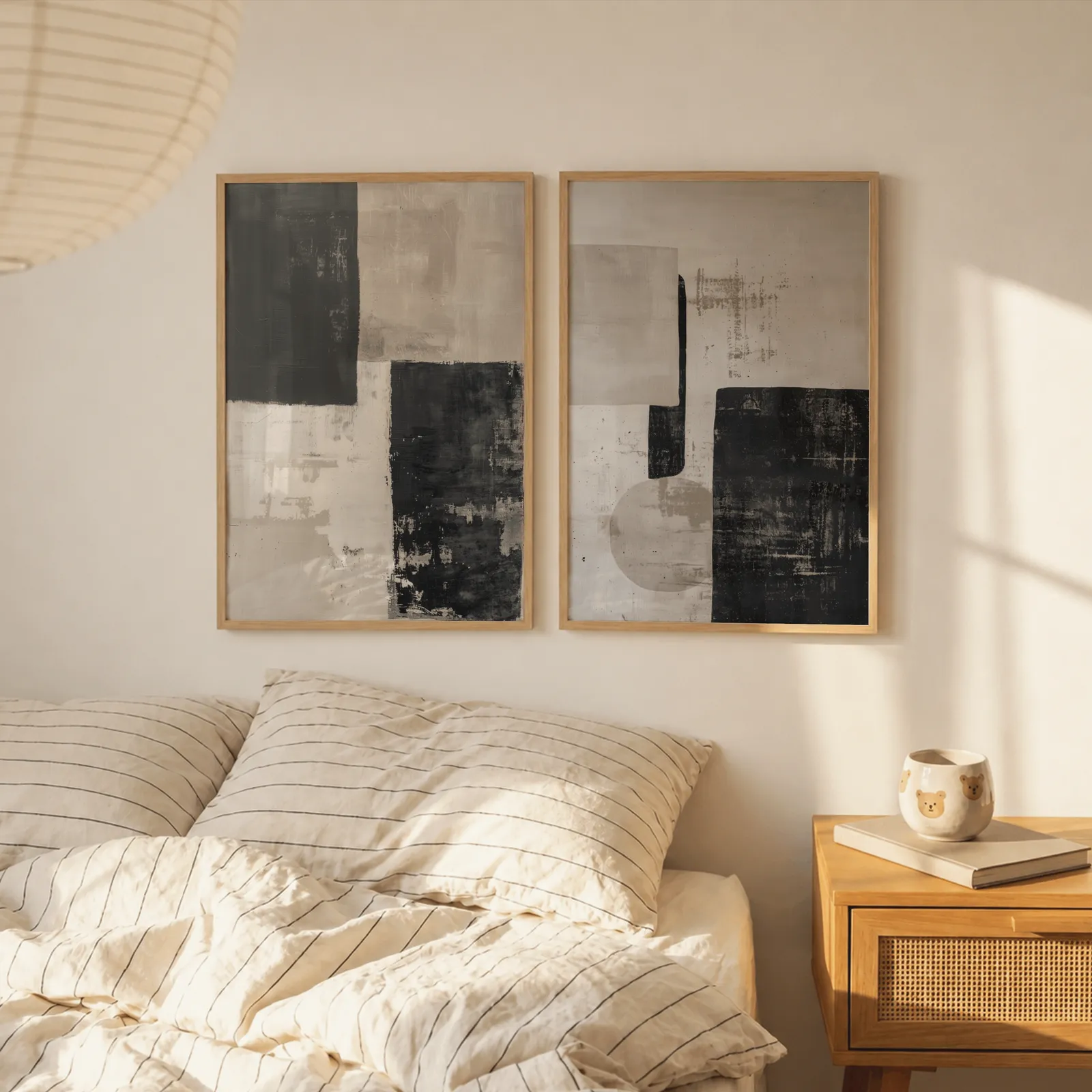 beige and black abstract wall art set of 2, above a striped linen bed beside a paper lantern shade