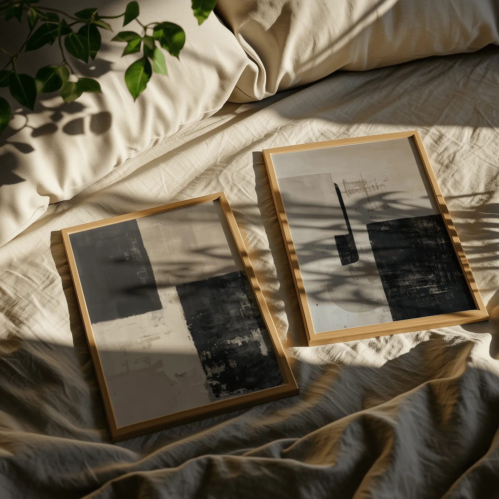 beige and black abstract wall art set of 2, resting on rumpled linen sheets with dappled leaf shadows