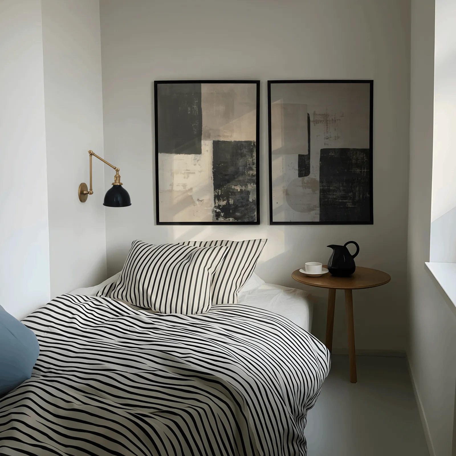 beige and black abstract wall art set of 2, above a striped bed beside a brass swing-arm lamp