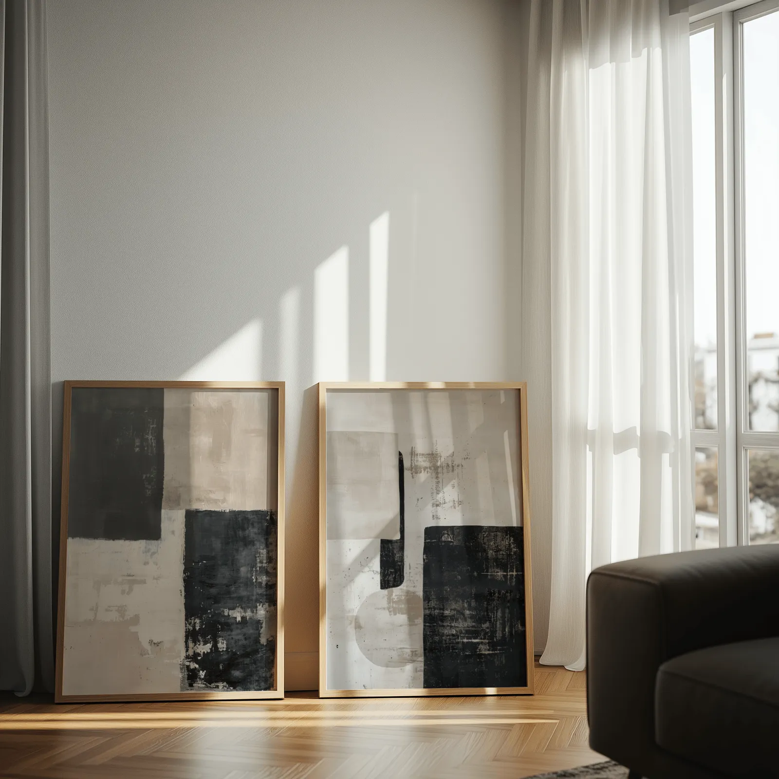 beige and black abstract wall art set of 2, leaning against a sunlit wall by sheer curtains