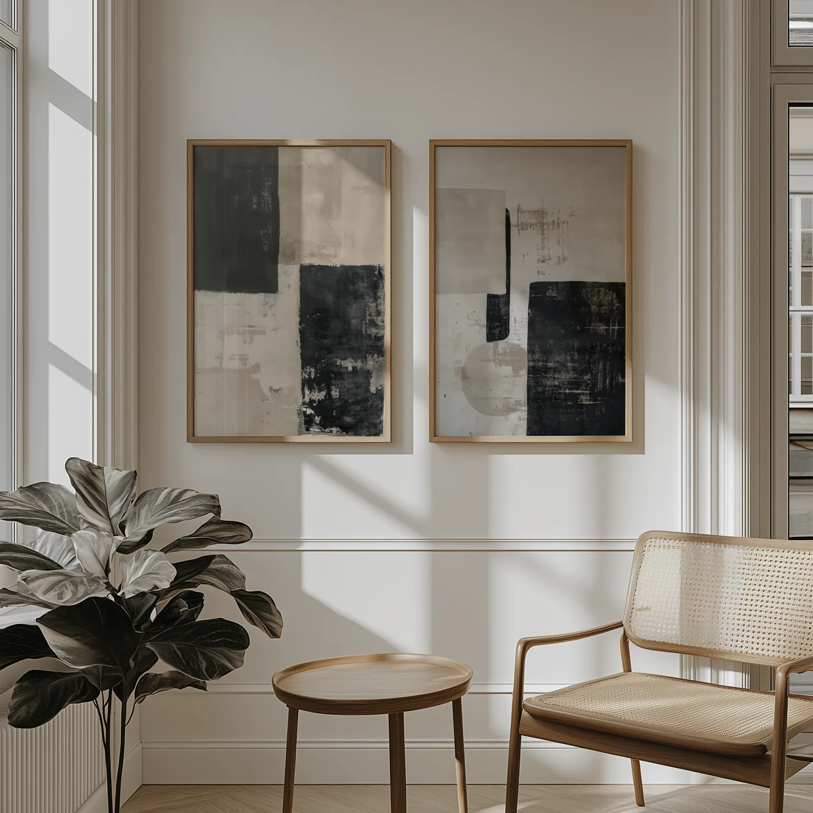 beige and black abstract wall art set of 2, above wainscoting beside a cane armchair and fiddle-leaf fig