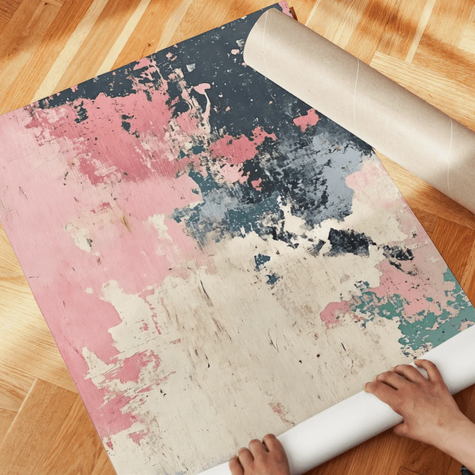 pink green abstract triptych wall art set, unrolled across a herringbone wood floor by hand