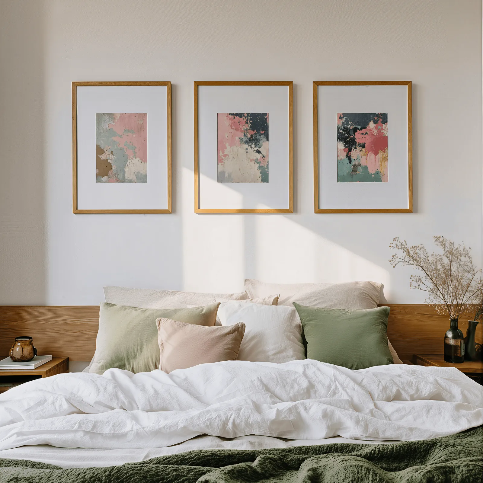pink green abstract triptych wall art set, above a wooden headboard scattered with sage and blush pillows