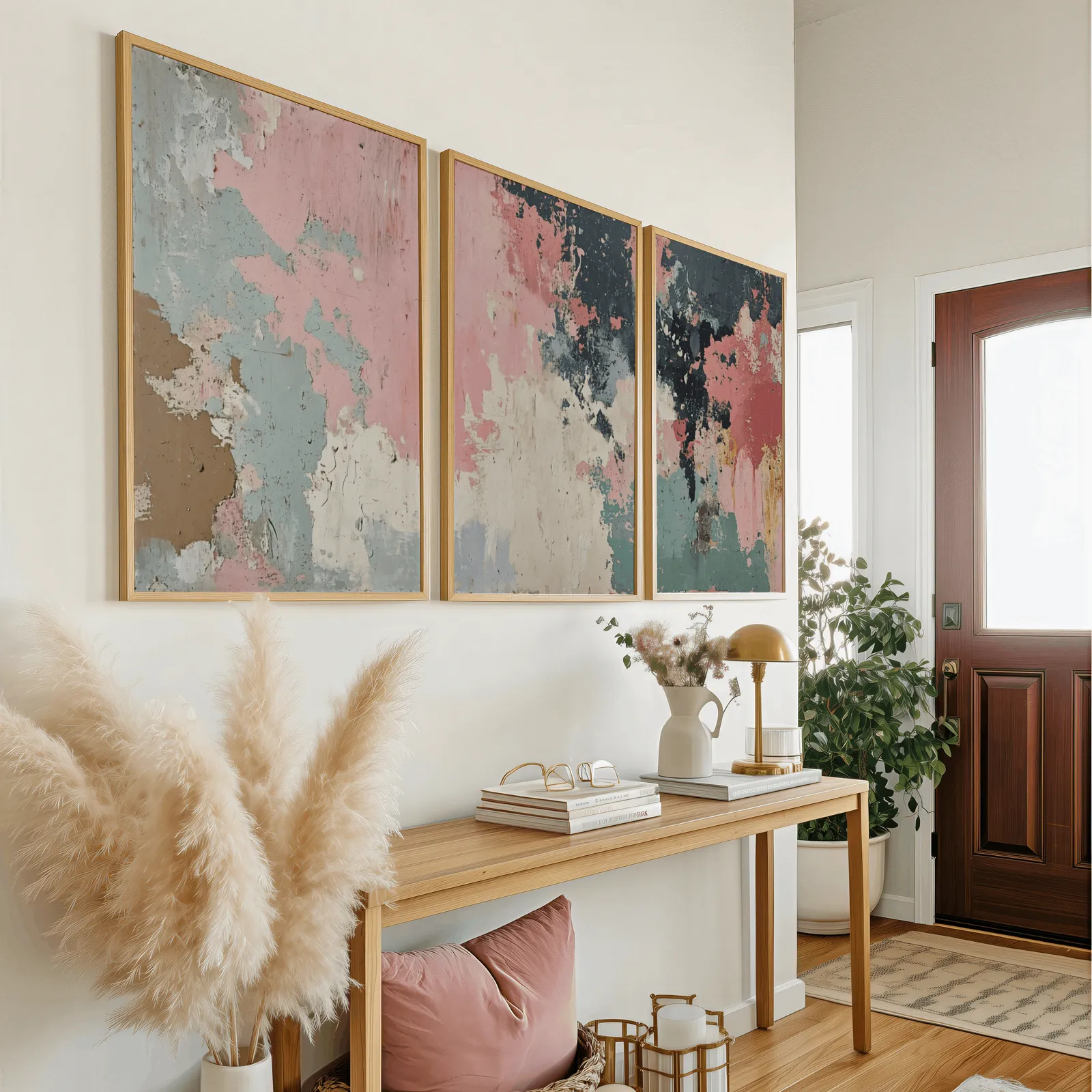 pink green abstract triptych wall art set, above a wooden console table near the entry door