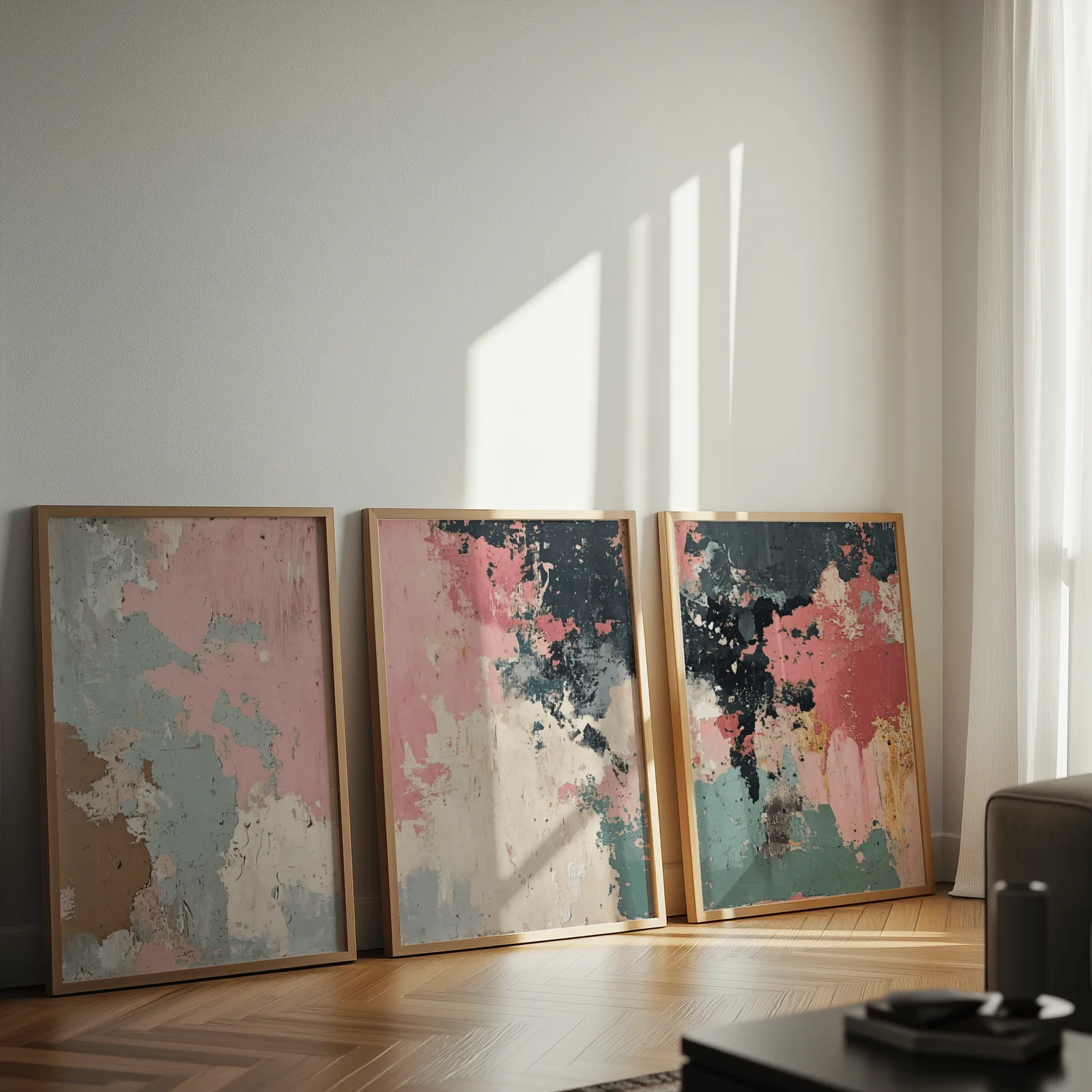 pink green abstract triptych wall art set, leaning against a sunlit wall on herringbone flooring