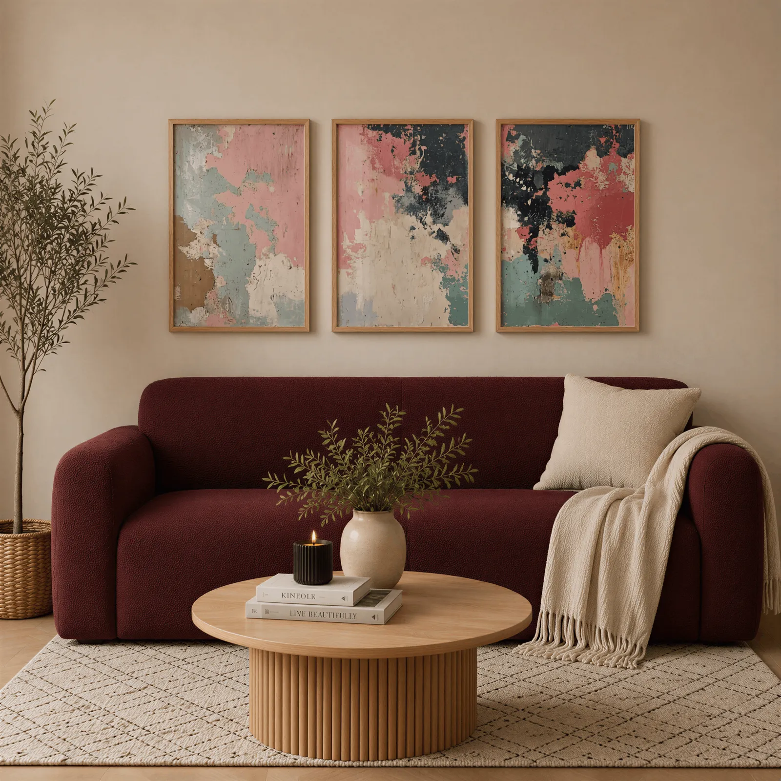 pink green abstract triptych wall art set, above a burgundy boucle sofa with a cream throw