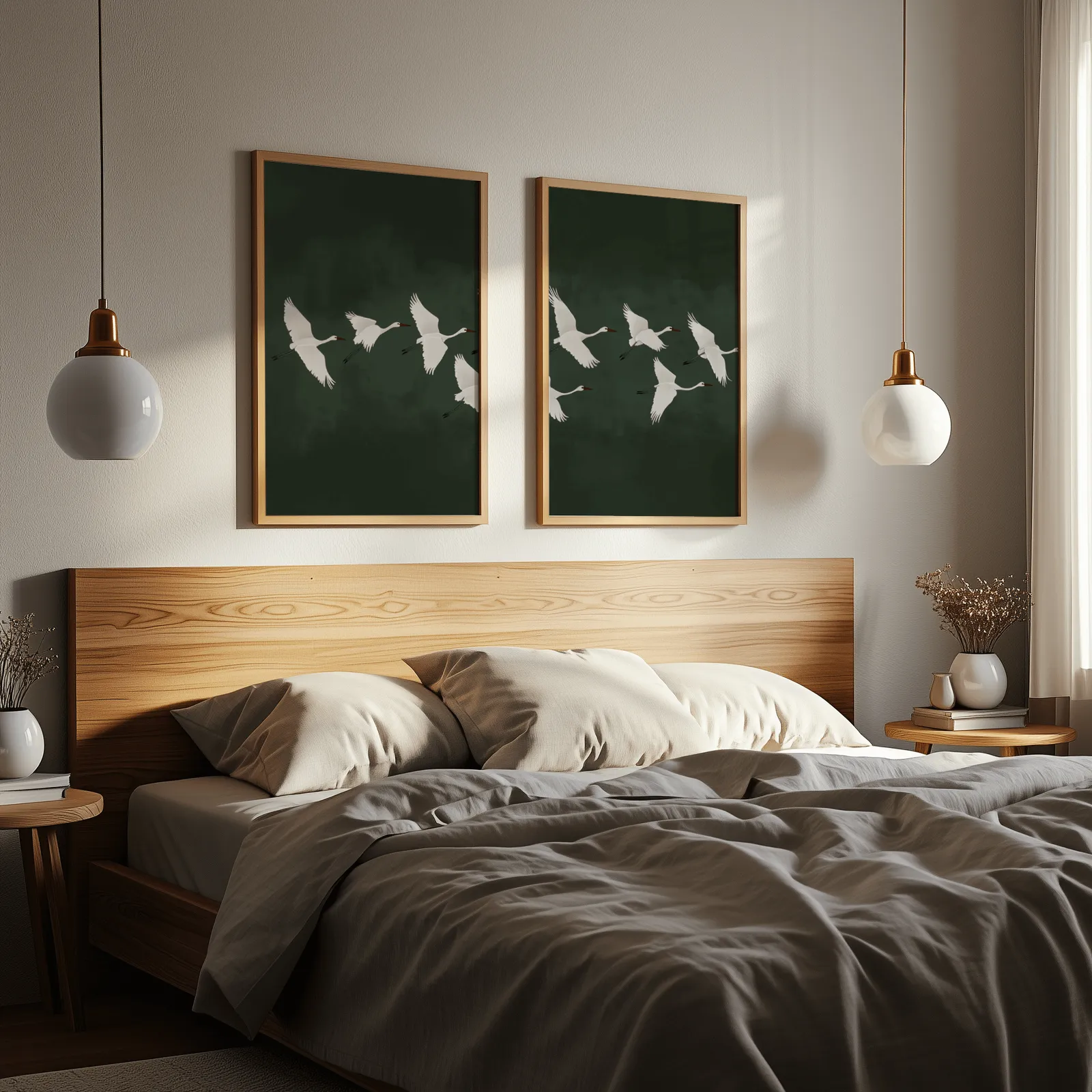 green crane wall art set of two, above a wooden headboard flanked by globe pendant lights