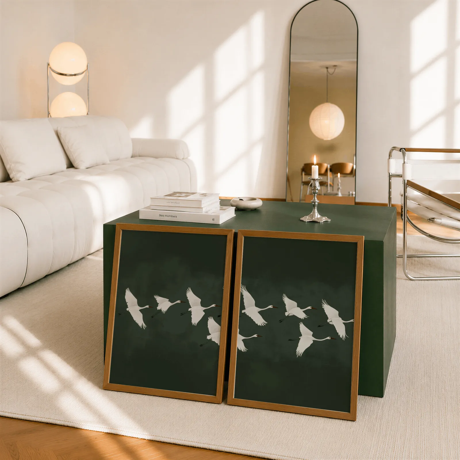 green crane wall art set of two, leaning against a dark green cube table beside an arched mirror