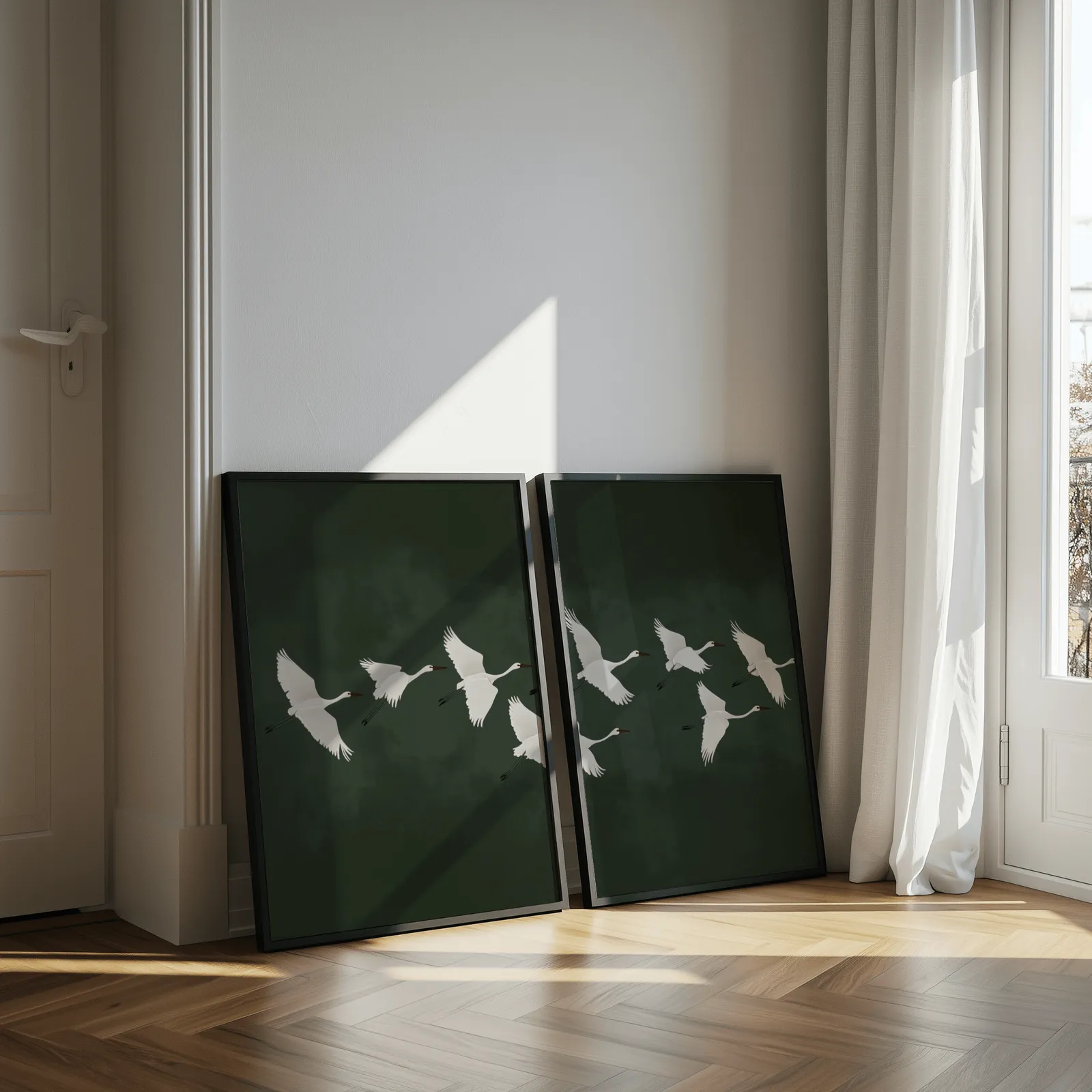 green crane wall art set of two, leaning against a sunlit wall by herringbone floor and sheer curtains