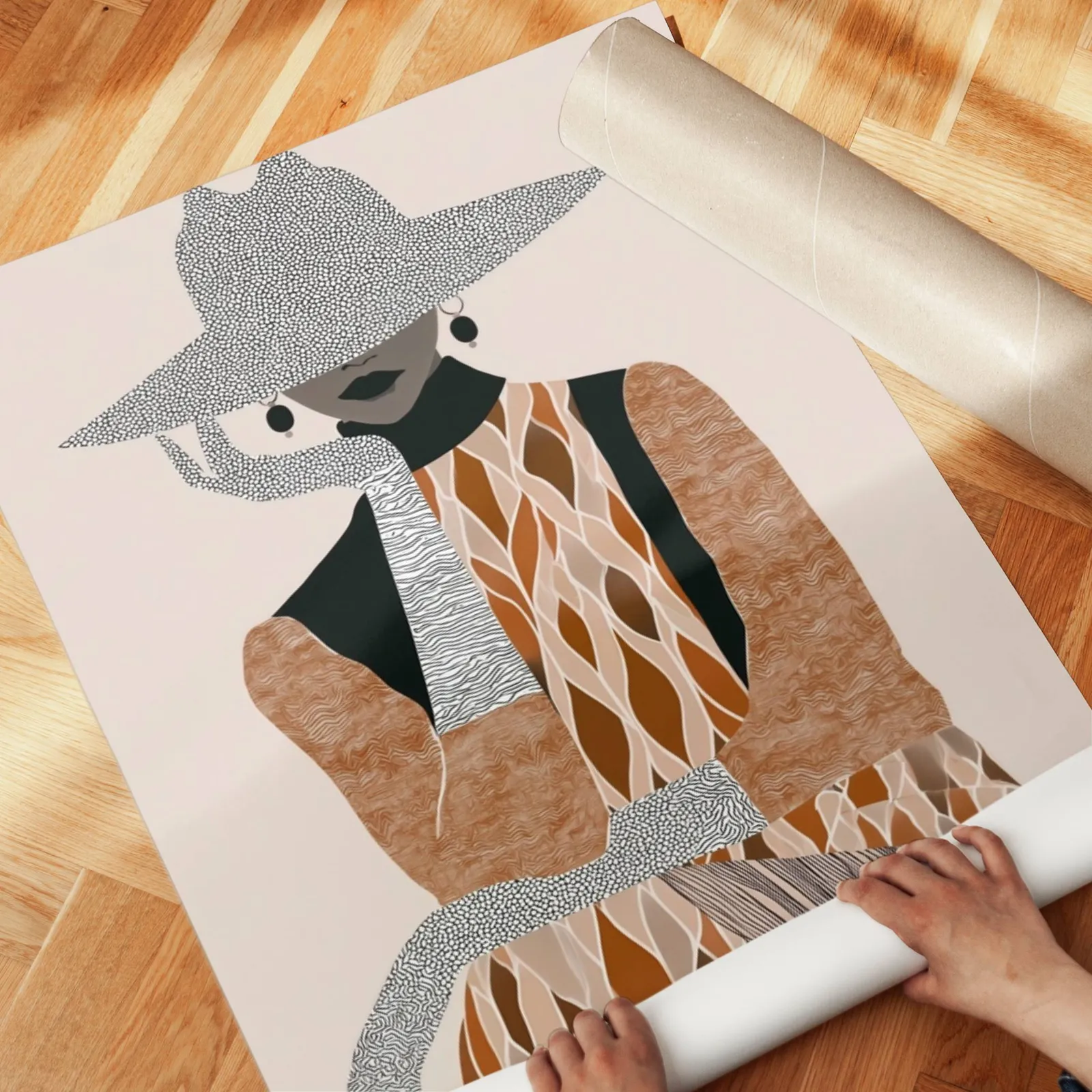 boho woman portrait wall art in brown and cream, unrolled across a herringbone parquet floor by hand