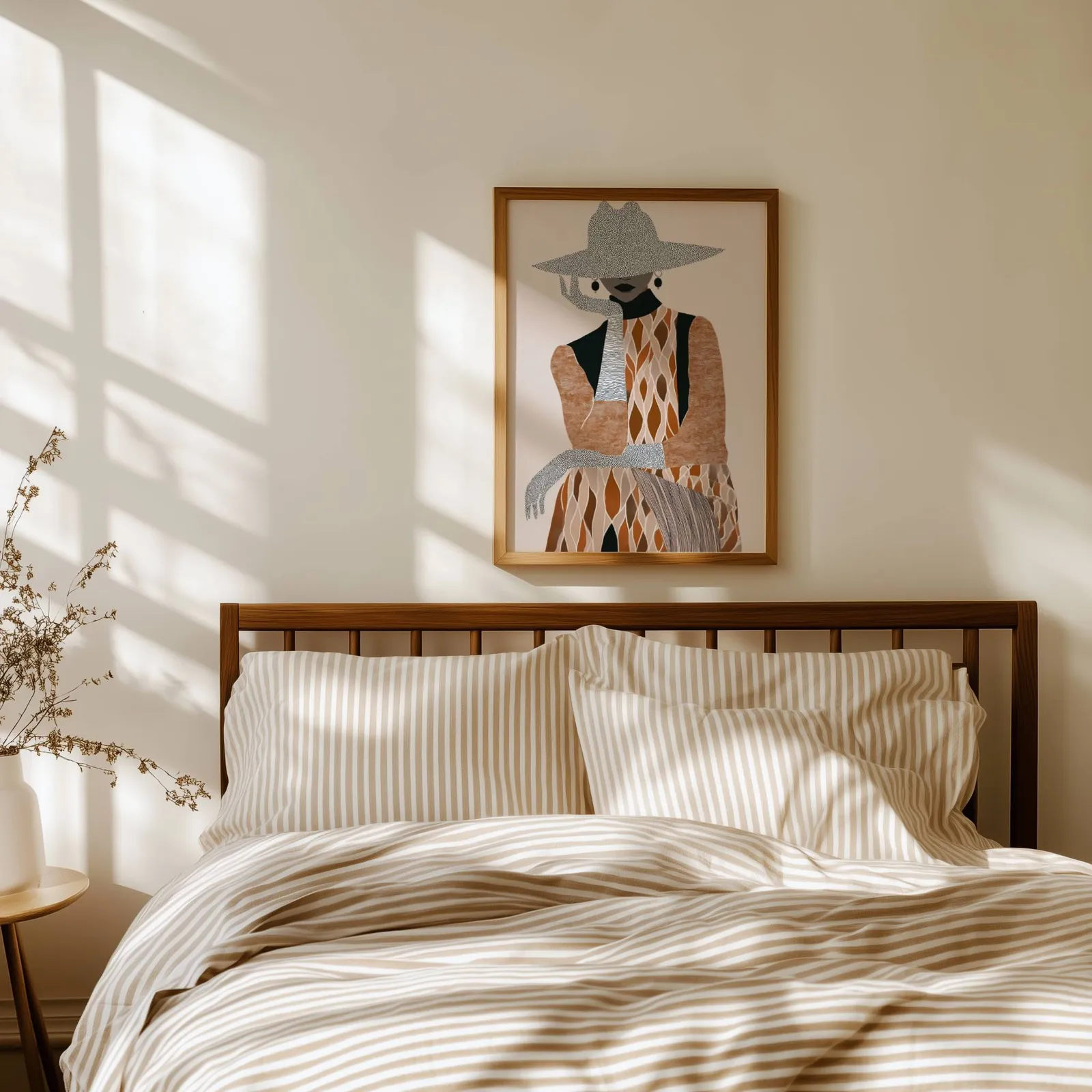 boho woman portrait wall art in brown and cream, above a spindle headboard with striped linen bedding