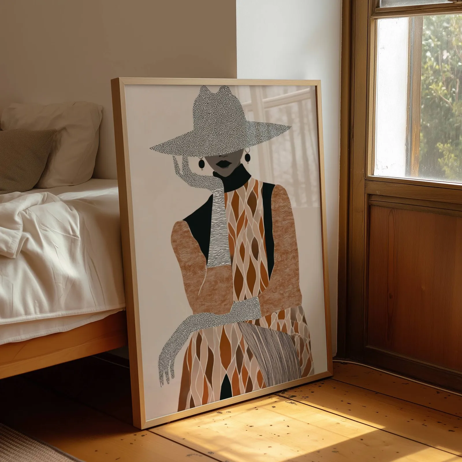boho woman portrait wall art in brown and cream, leaning by a sunlit window beside an unmade bed