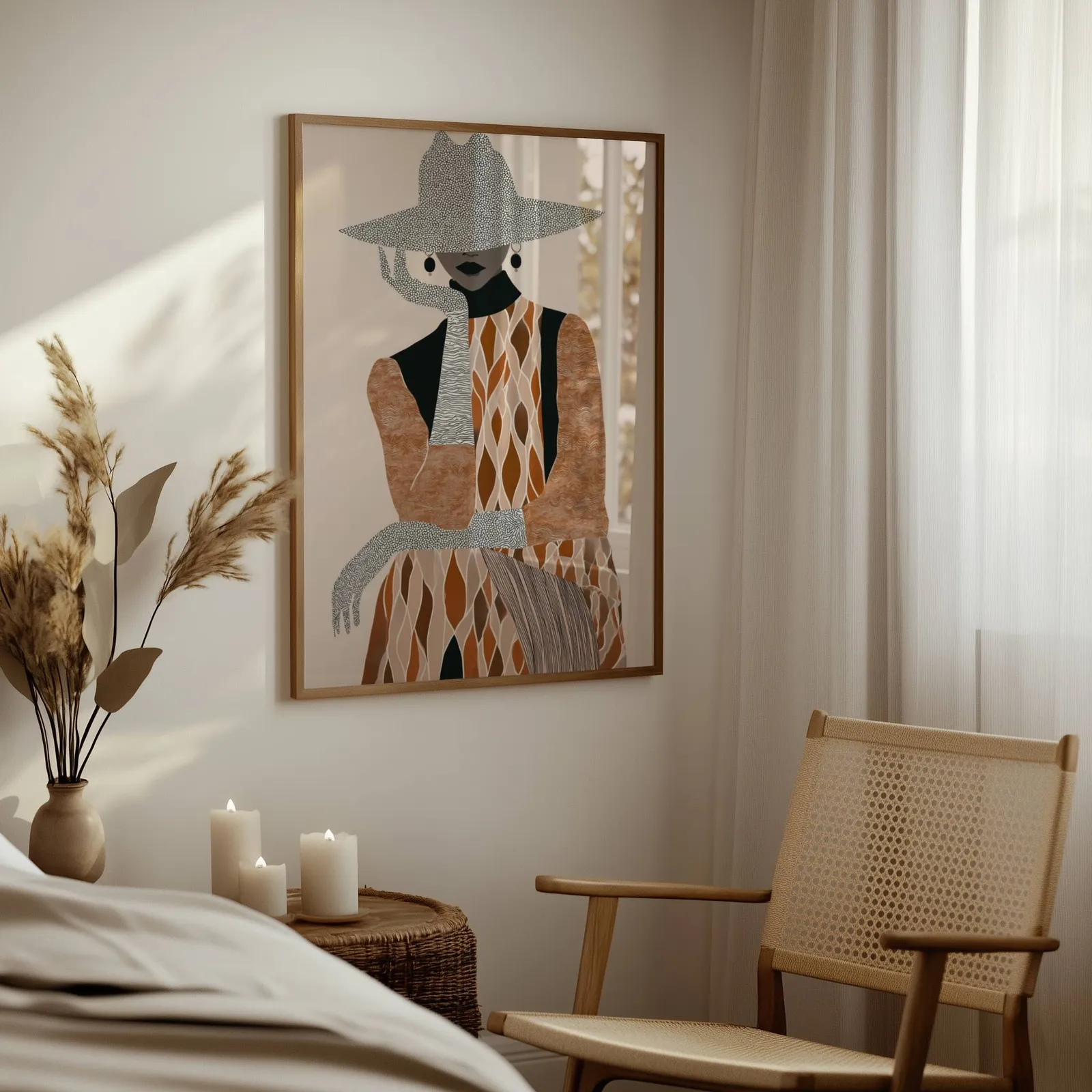 boho woman portrait wall art in brown and cream, above a woven side table with lit candles and pampas grass