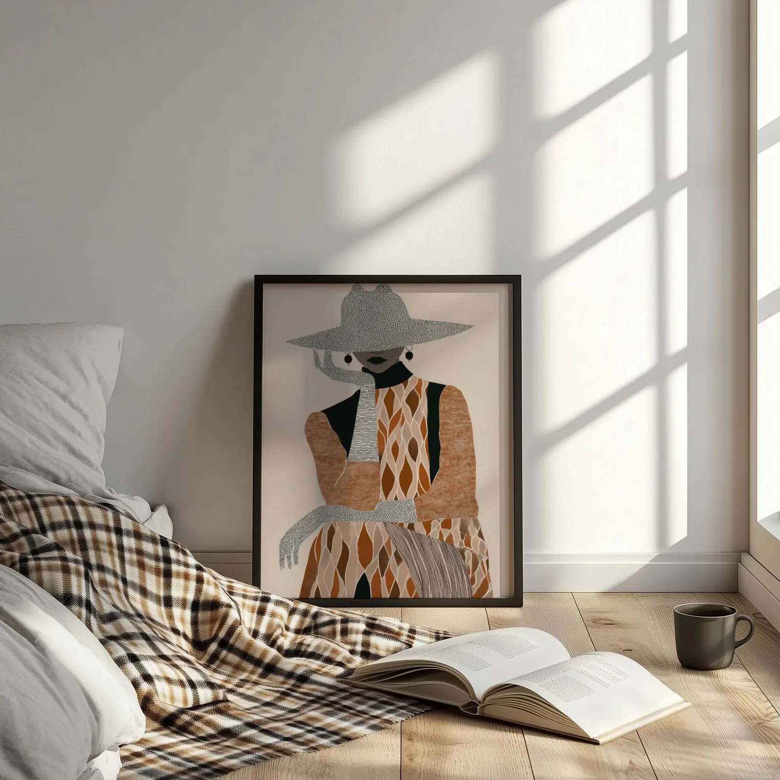 boho woman portrait wall art in brown and cream, leaning on the floor beside a plaid throw and open book