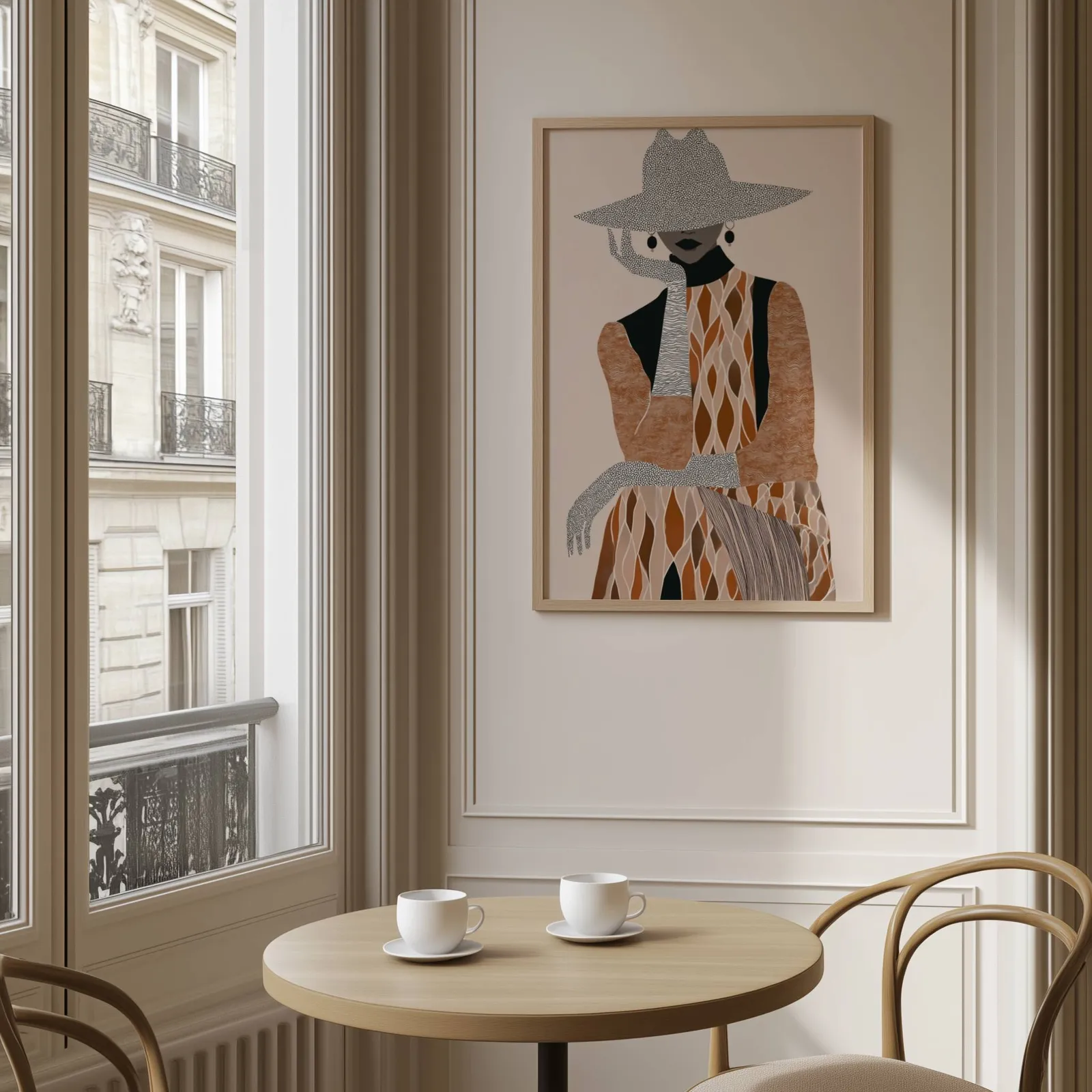 boho woman portrait wall art in brown and cream, above a round café table set with two coffee cups