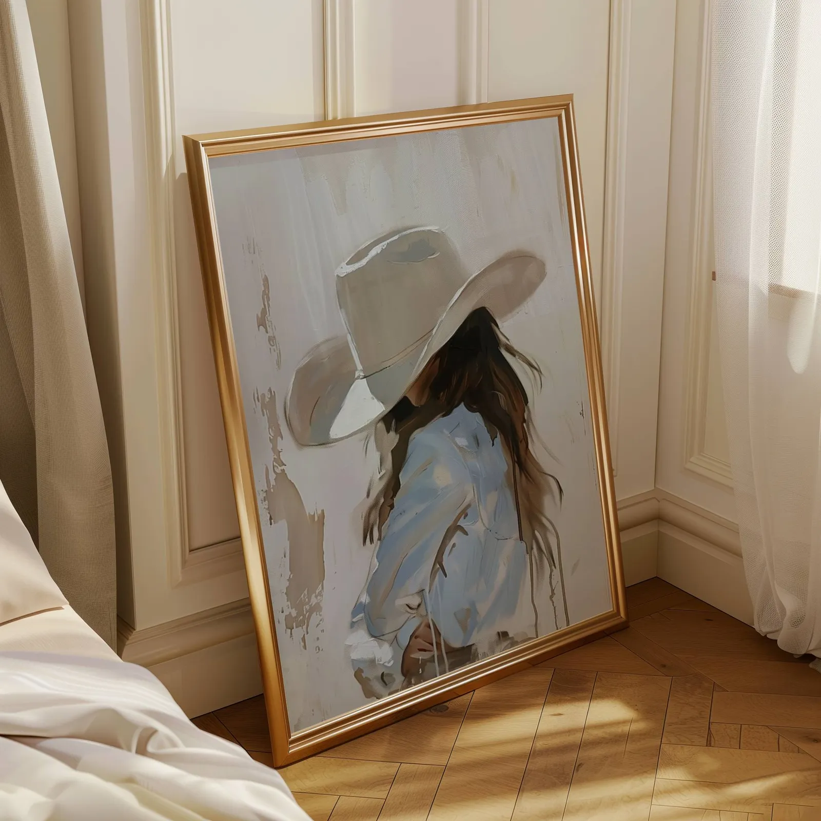 beige western cowgirl portrait wall art, leaning in a sunlit corner beside sheer curtains and herringbone floor