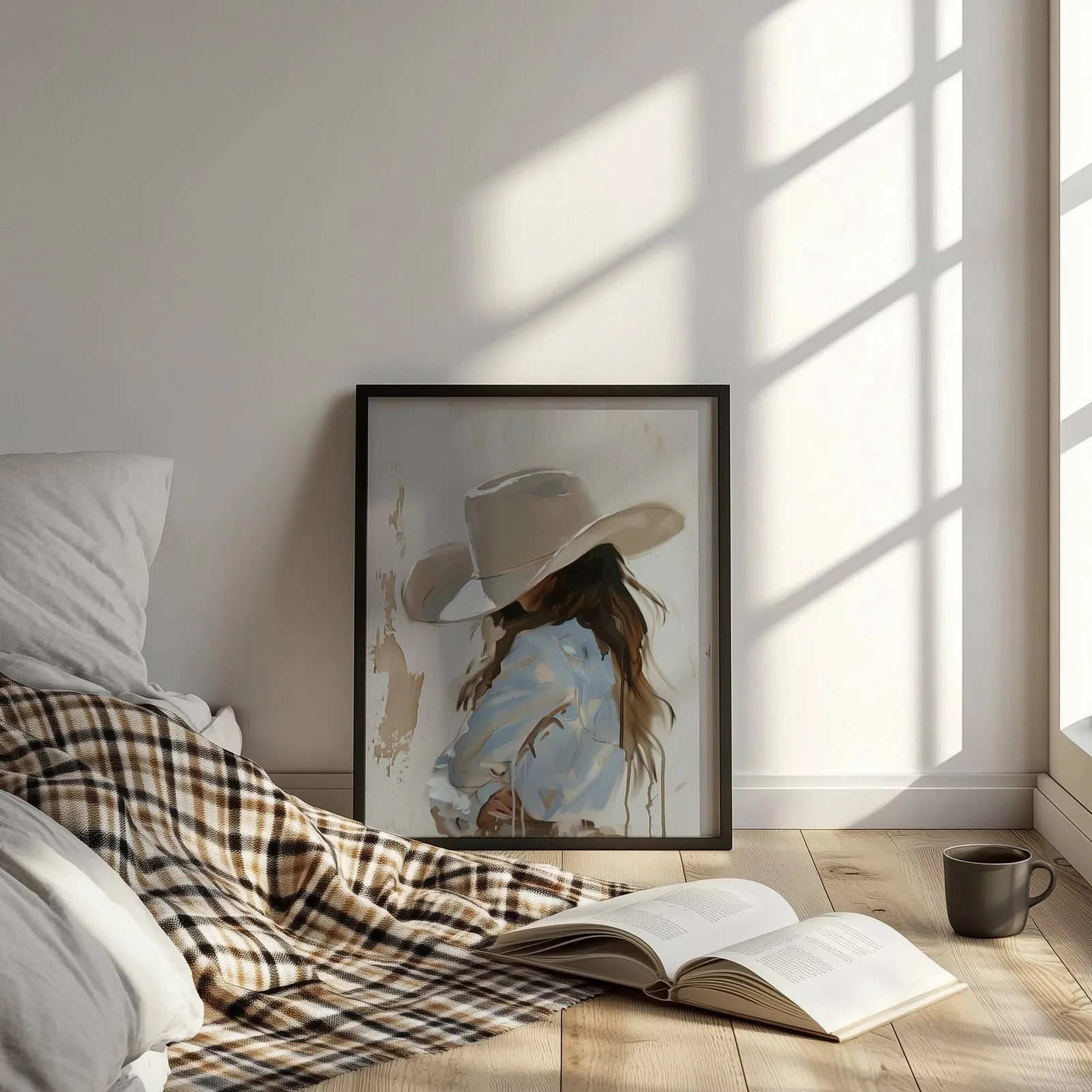 beige western cowgirl portrait wall art, leaning on the floor beside a plaid throw and open book