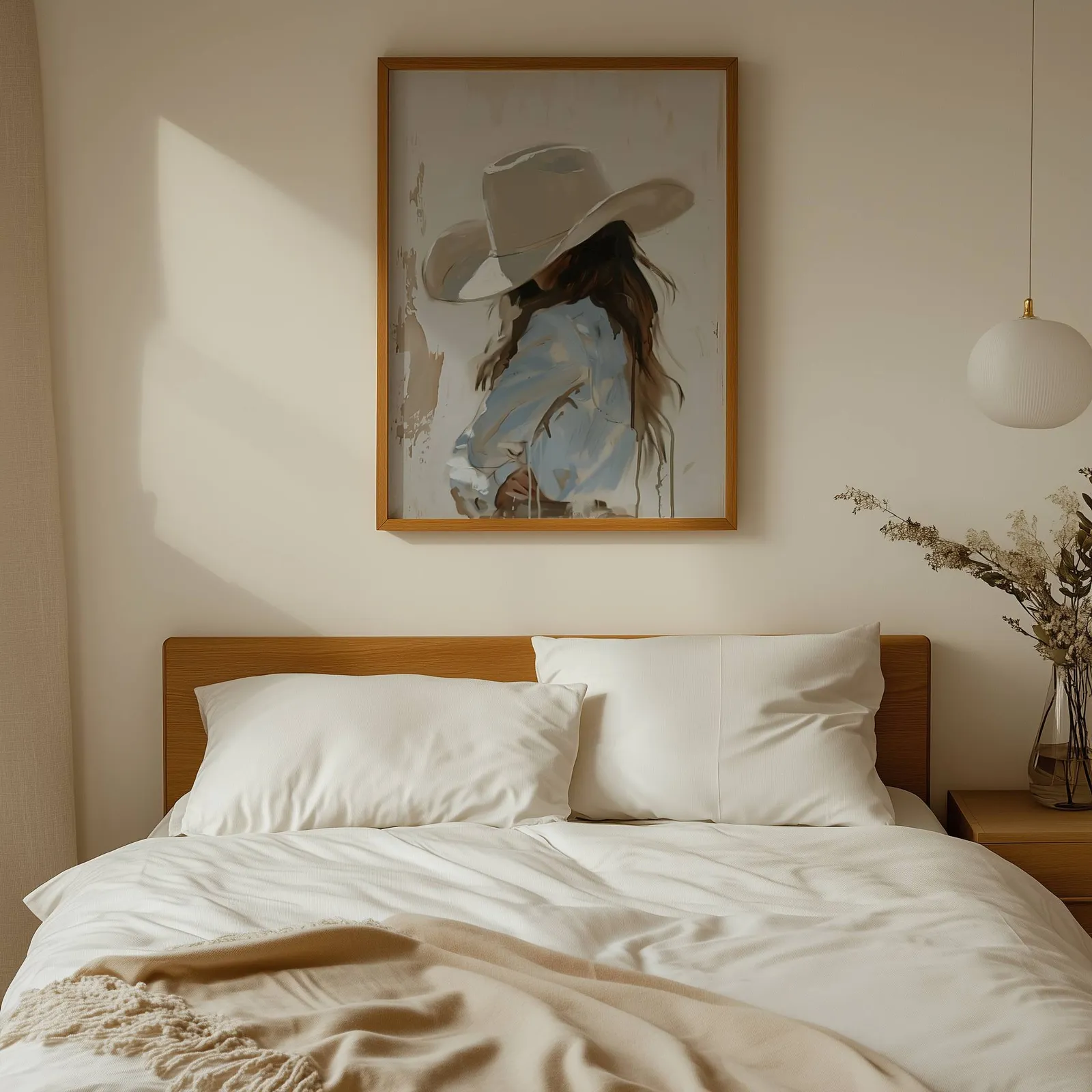 beige western cowgirl portrait wall art, above a wooden headboard with white linen pillows