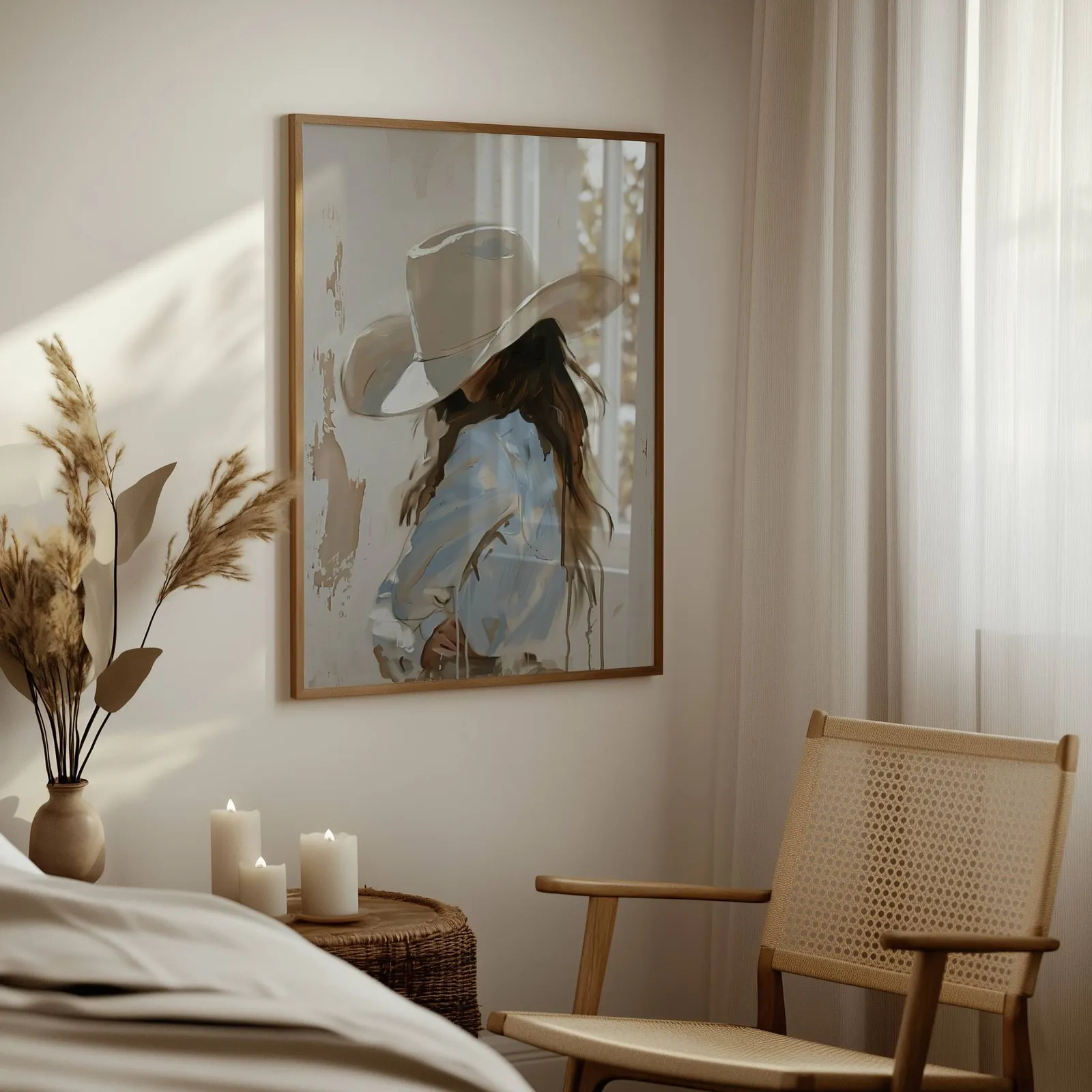 beige western cowgirl portrait wall art, above a woven side table with lit candles and pampas grass
