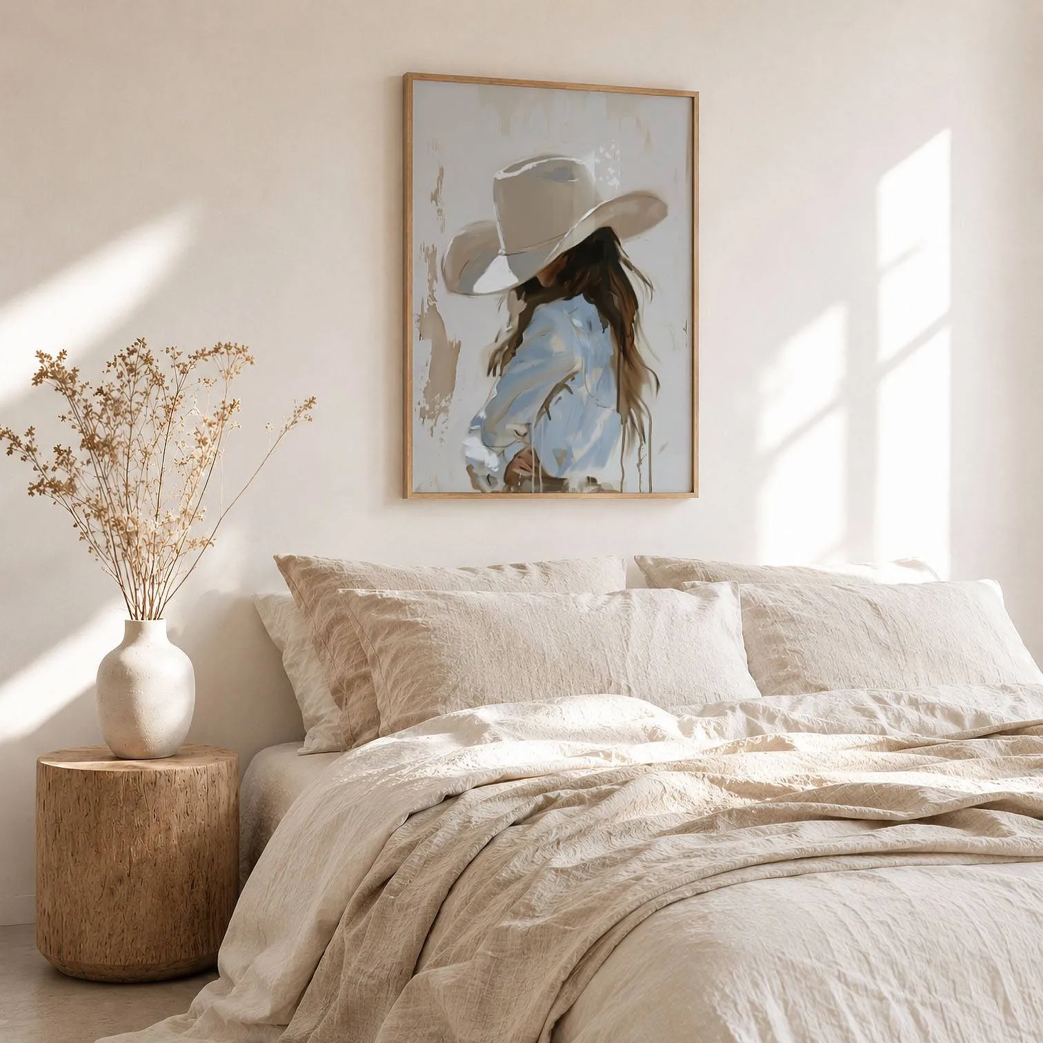 beige western cowgirl portrait wall art, above a rumpled linen bed beside a stump side table