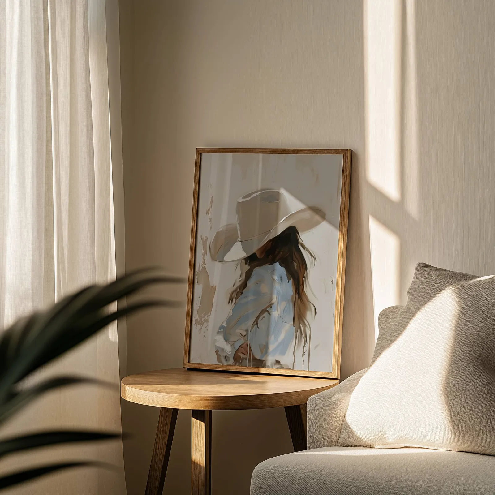 beige western cowgirl portrait wall art, leaning on a round wooden side table by a sheer curtain