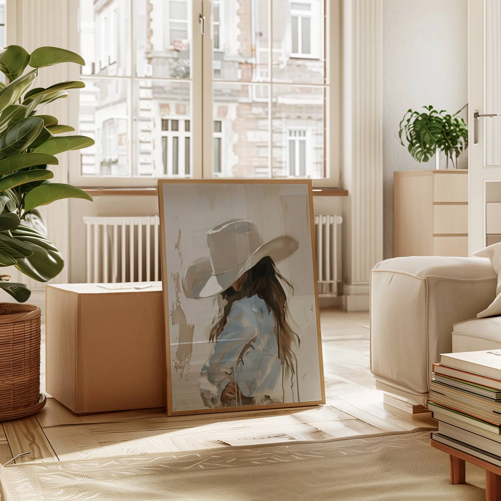 beige western cowgirl portrait wall art, leaning against a cardboard box near a tall window radiator
