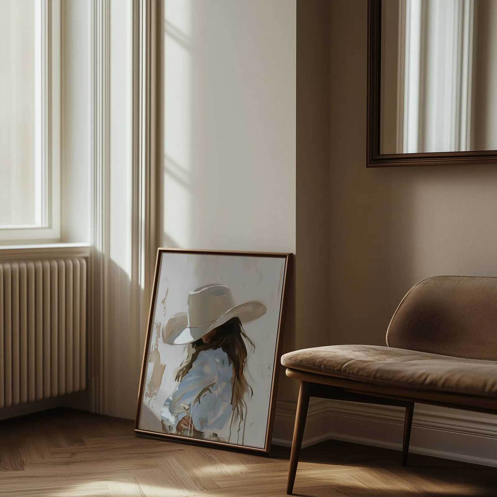 beige western cowgirl portrait wall art, leaning against the wall beside a sunlit radiator and herringbone floor