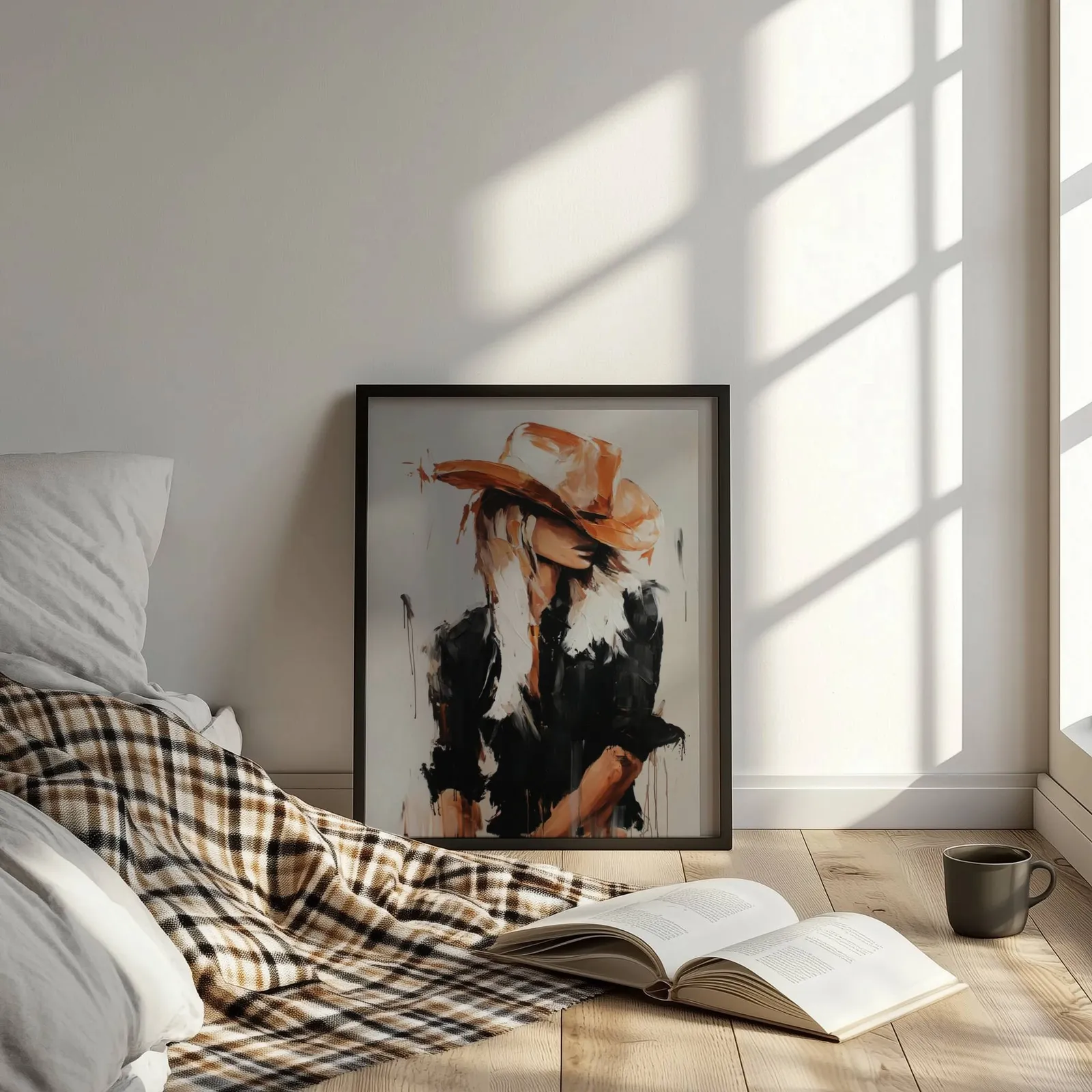 western cowgirl abstract wall art in black and terracotta, leaning on the floor beside a plaid throw and open book
