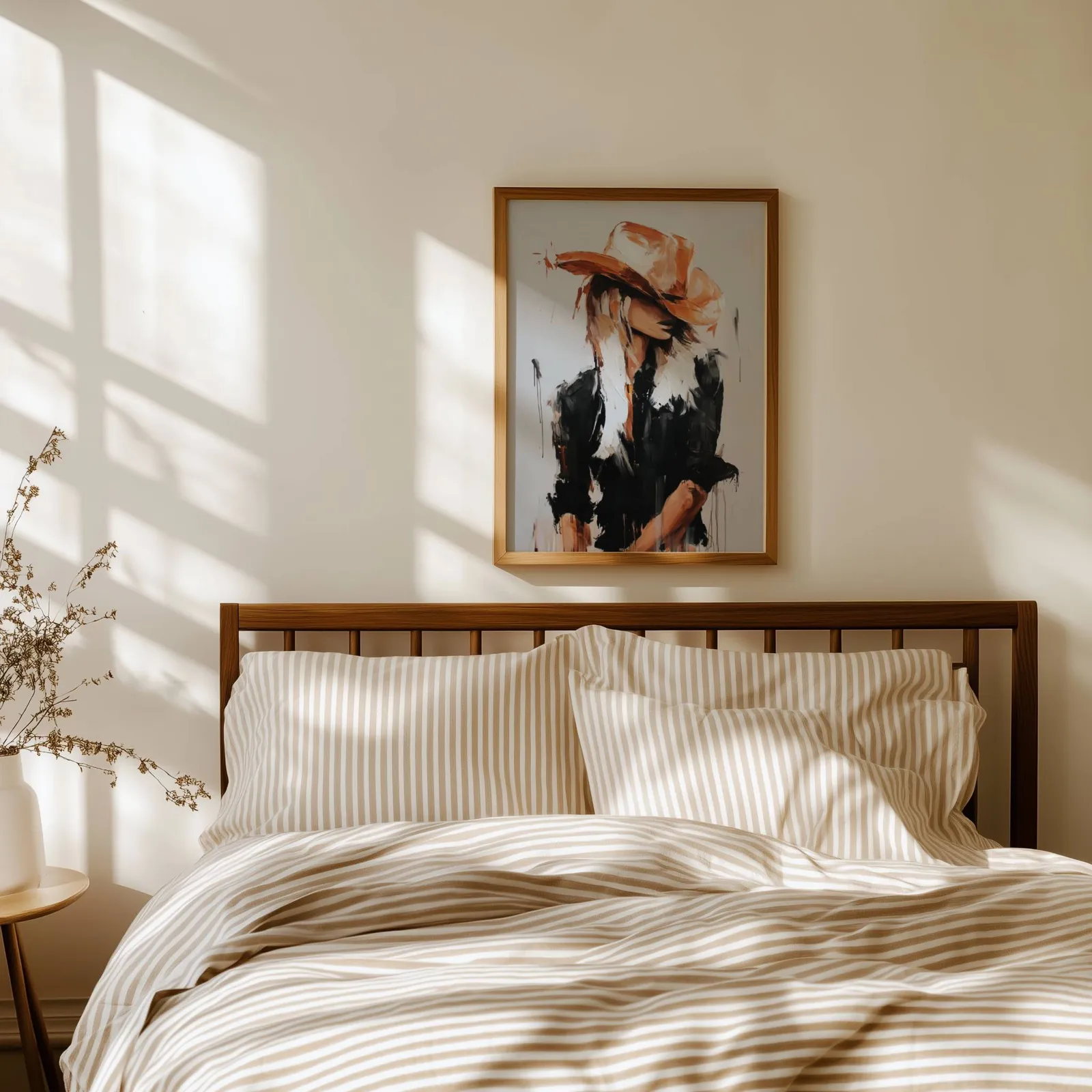 western cowgirl abstract wall art in black and terracotta, above a spindle headboard with striped linen bedding